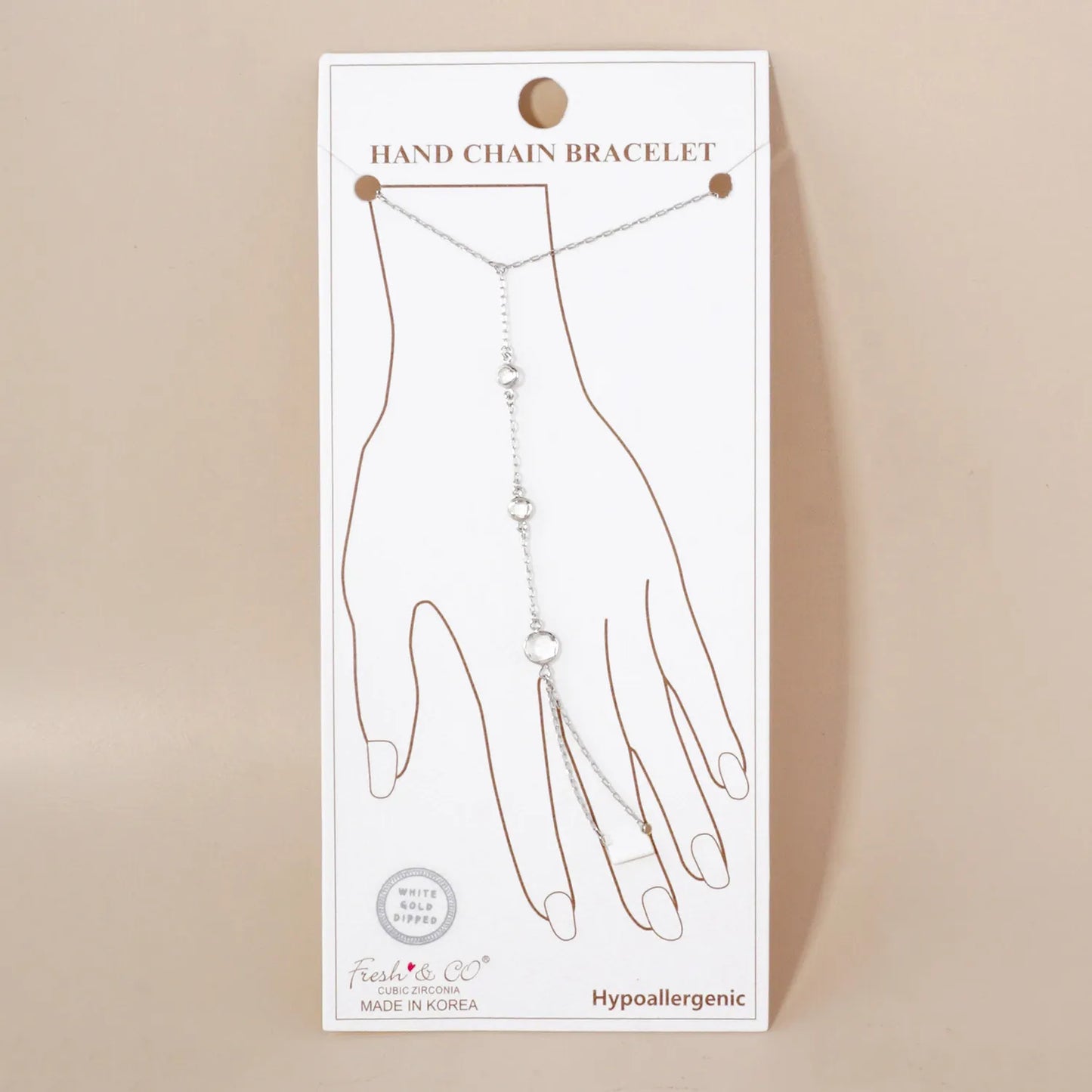 Three Faceted Round CZ Accent 18K-Gold-Dipped Delicate Brass Hand-Chain Bracelet