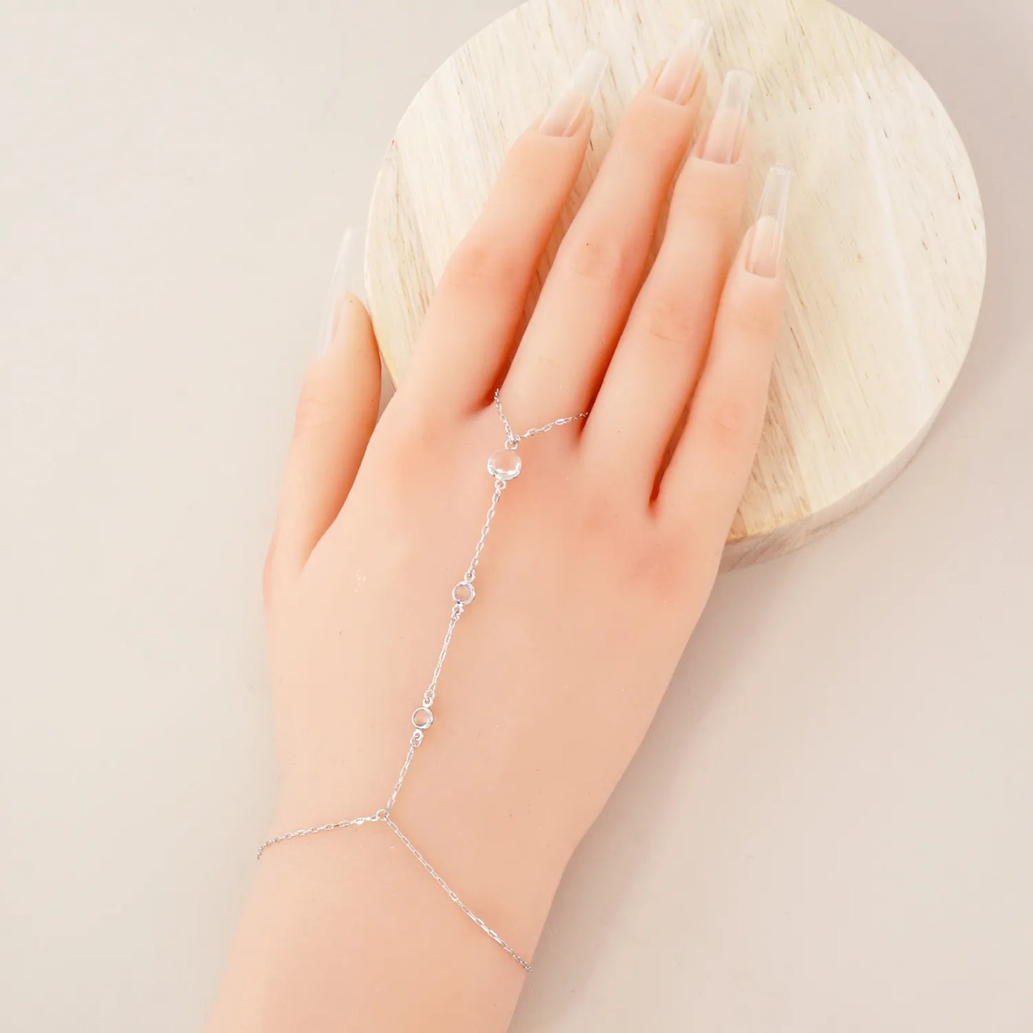 Three Faceted Round CZ Accent 18K-Gold-Dipped Delicate Brass Hand-Chain Bracelet