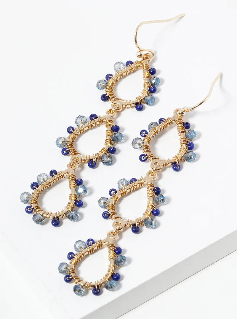 Three Glass Beads Wire Wrapped Teardrops Dangle Drop Earrings