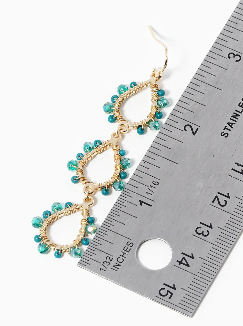 Three Glass Beads Wire Wrapped Teardrops Dangle Drop Earrings