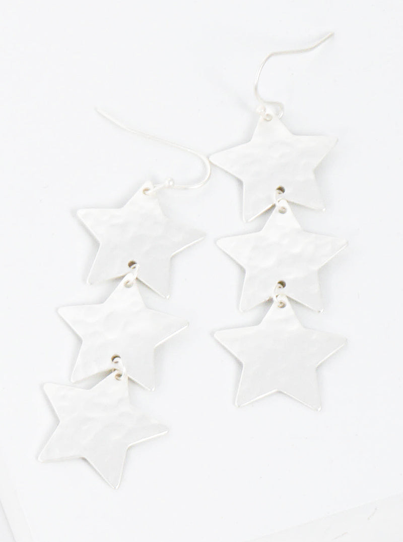 Three Hammered-Texture Star Drop Dangle Earrings