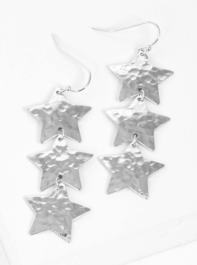 Three Hammered-Texture Star Drop Dangle Earrings