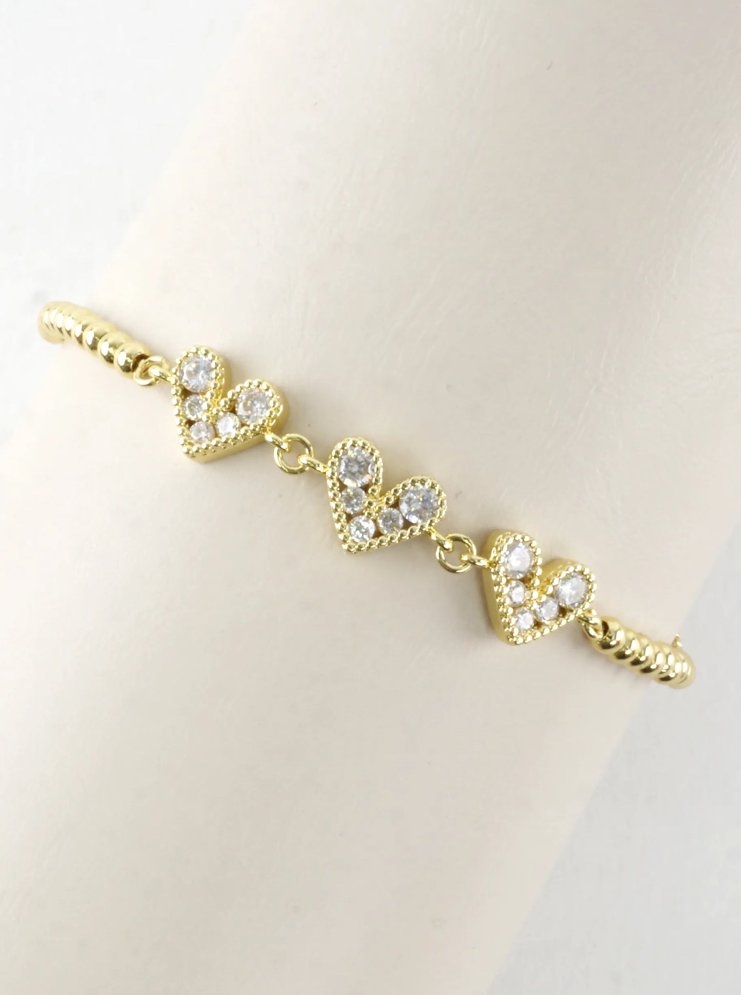 Three Hearts Stainless Steel CZ Pull Tie Bracelet