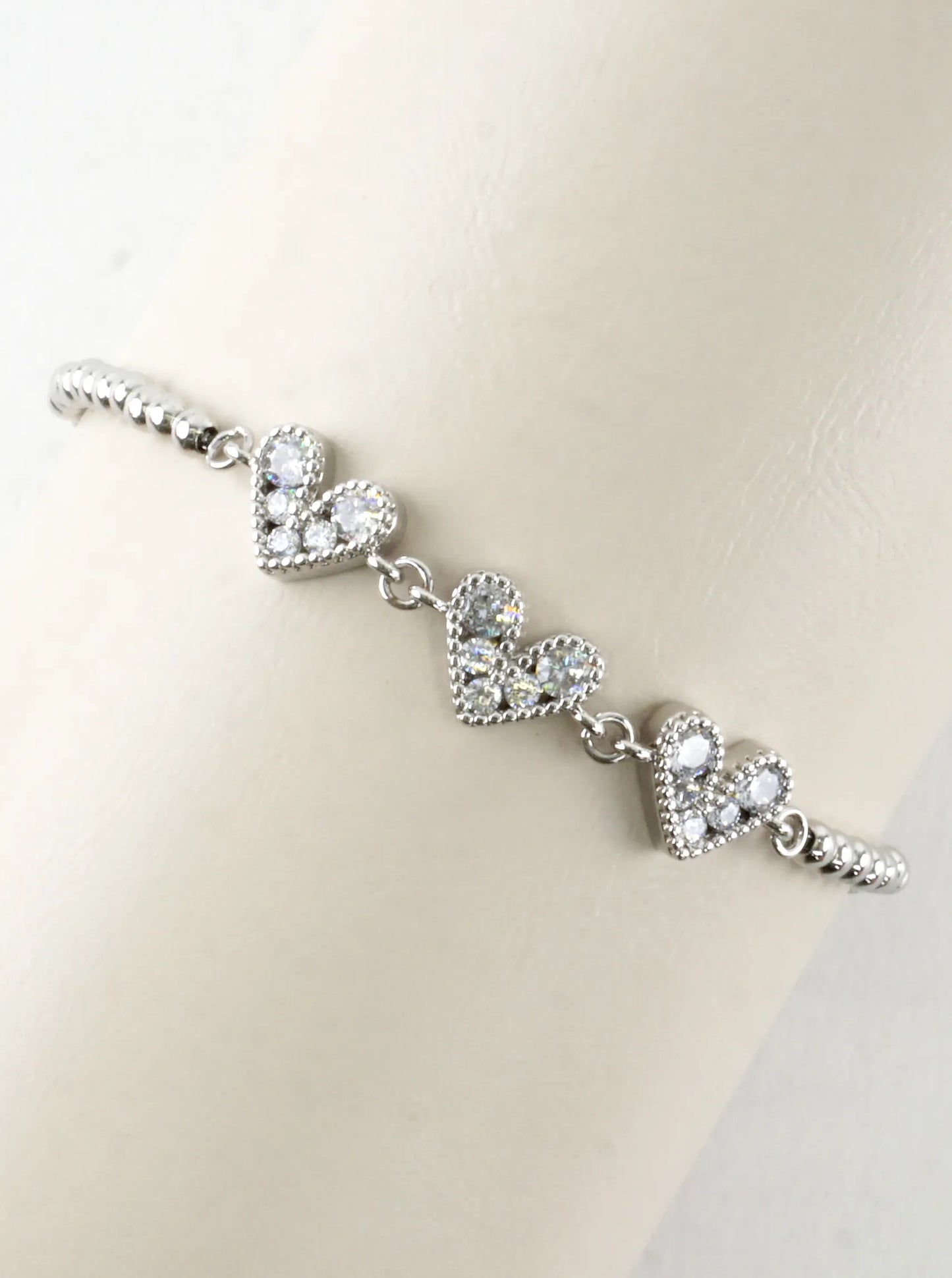 Three Hearts Stainless Steel CZ Pull Tie Bracelet