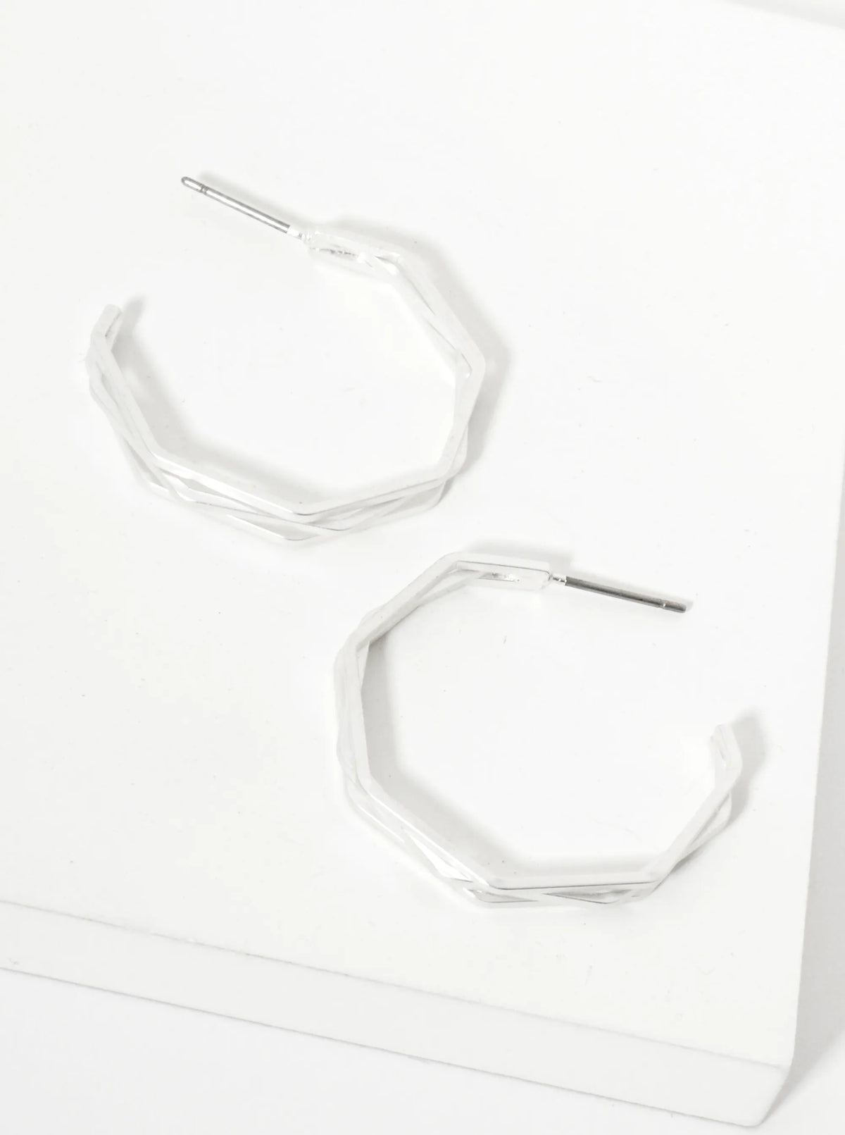 Three Irregularly Stacked Thin Octagon Lightweight Hoop Earrings
