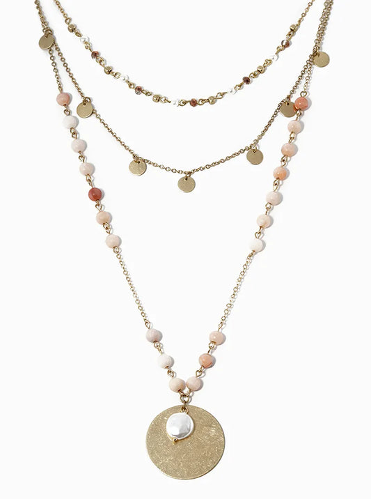 Three Layer 16 To 24 Inch Long Semiprecious Pendant Necklace With Freshwater Pearl