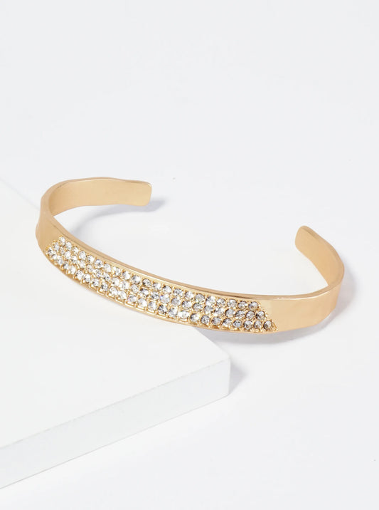 Three Line Crystal Pave Hammered Open Cuff Bracelet