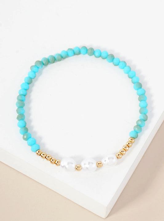 Three Pearl-Bead Accents Faceted-Glass-Beaded Stretch Bracelet