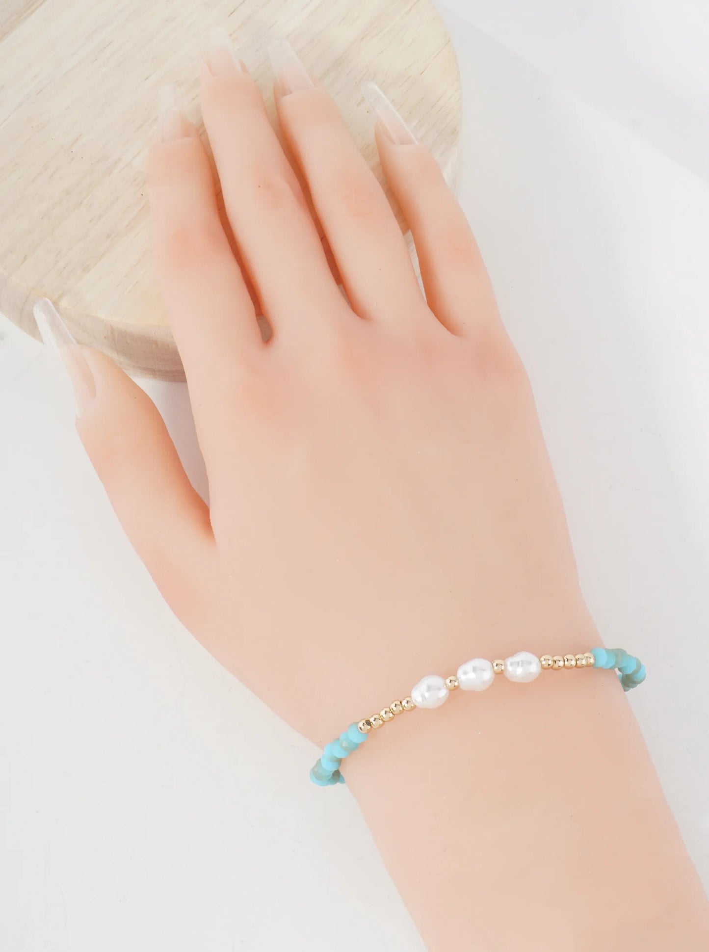 Three Pearl-Bead Accents Faceted-Glass-Beaded Stretch Bracelet