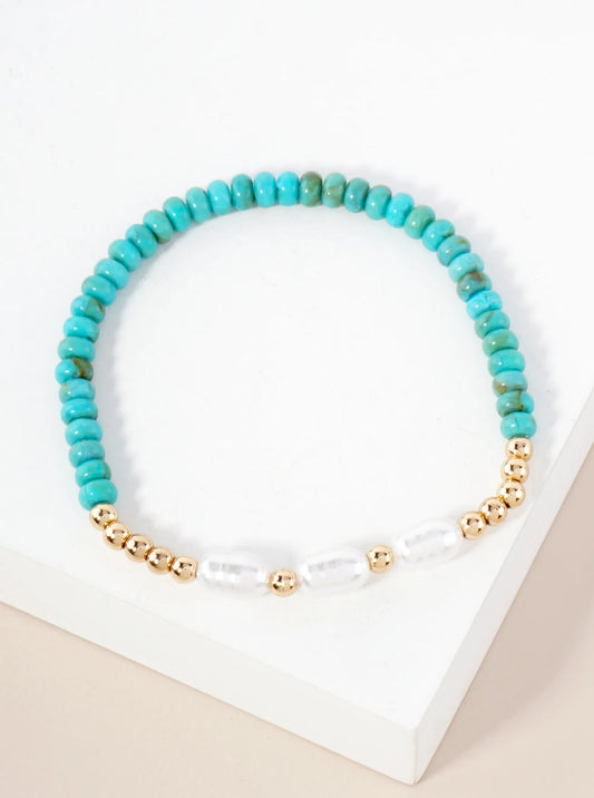Three Pearl-Bead Accents Glass-Beaded Stretch Bracelet