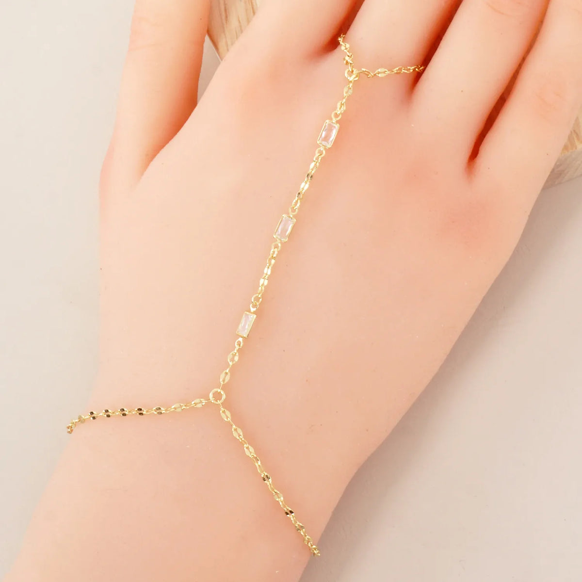 Three Rectangle CZ Accent 18K-Gold-Dipped Delicate Brass Hand-Chain Bracelet