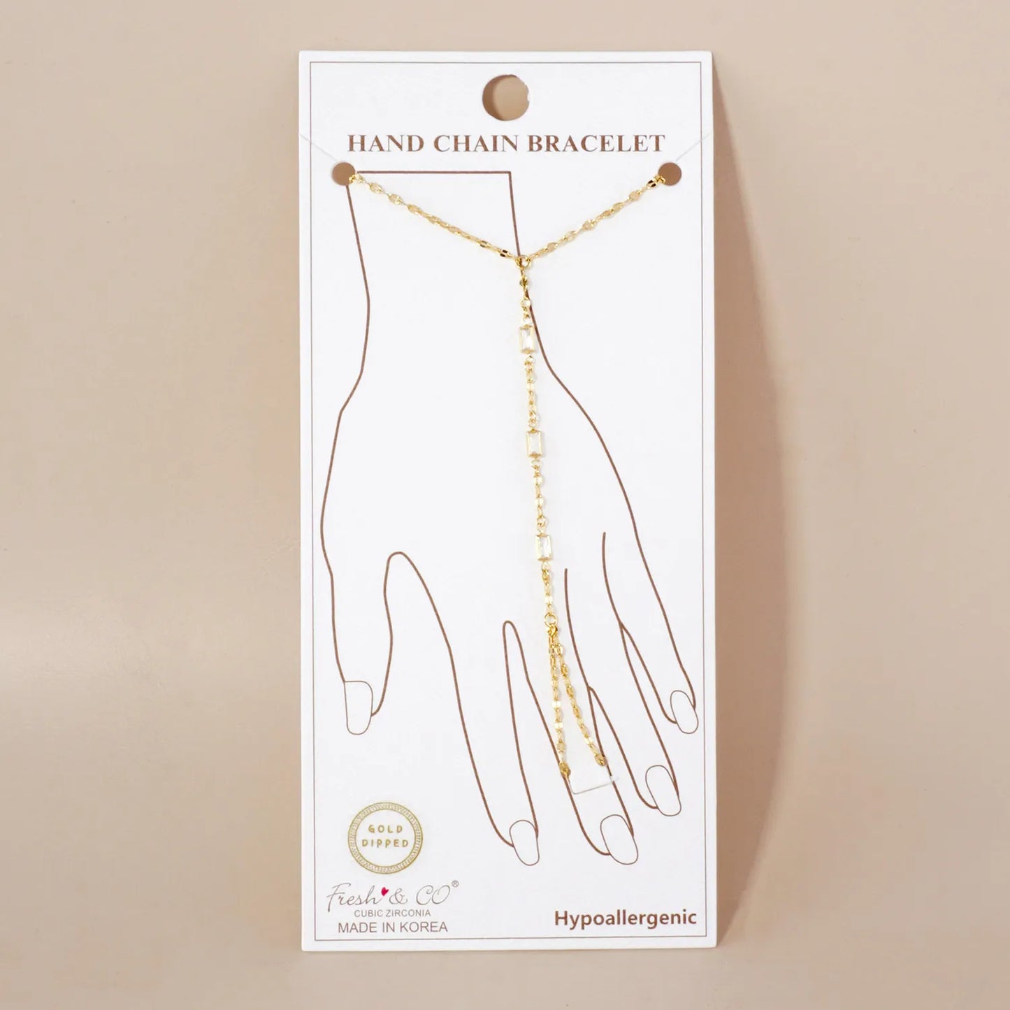 Three Rectangle CZ Accent 18K-Gold-Dipped Delicate Brass Hand-Chain Bracelet