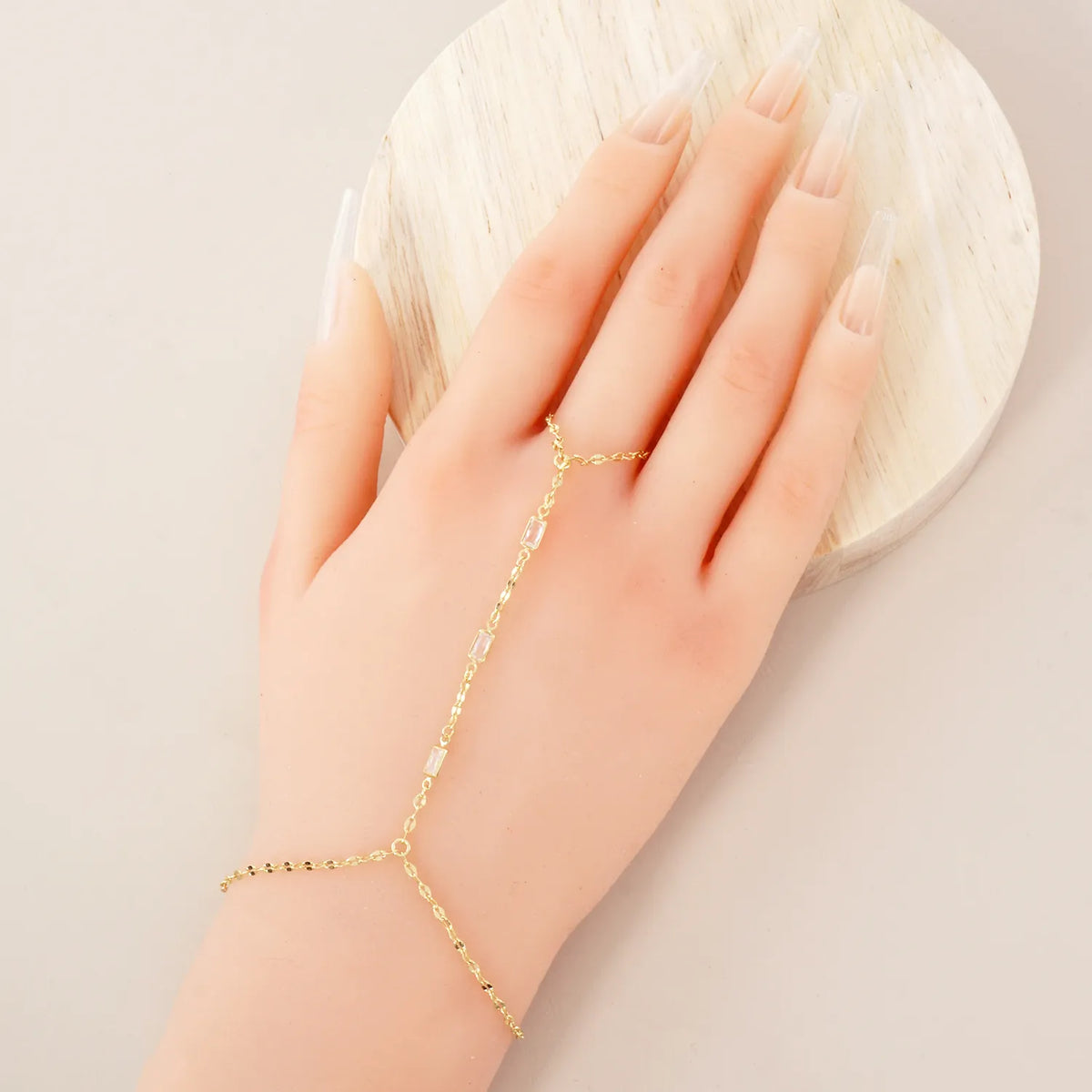 Three Rectangle CZ Accent 18K-Gold-Dipped Delicate Brass Hand-Chain Bracelet