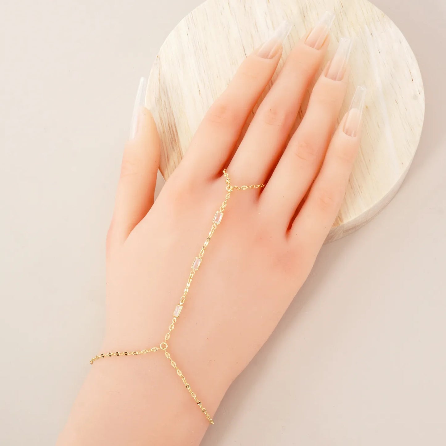 Three Rectangle CZ Accent 18K-Gold-Dipped Delicate Brass Hand-Chain Bracelet