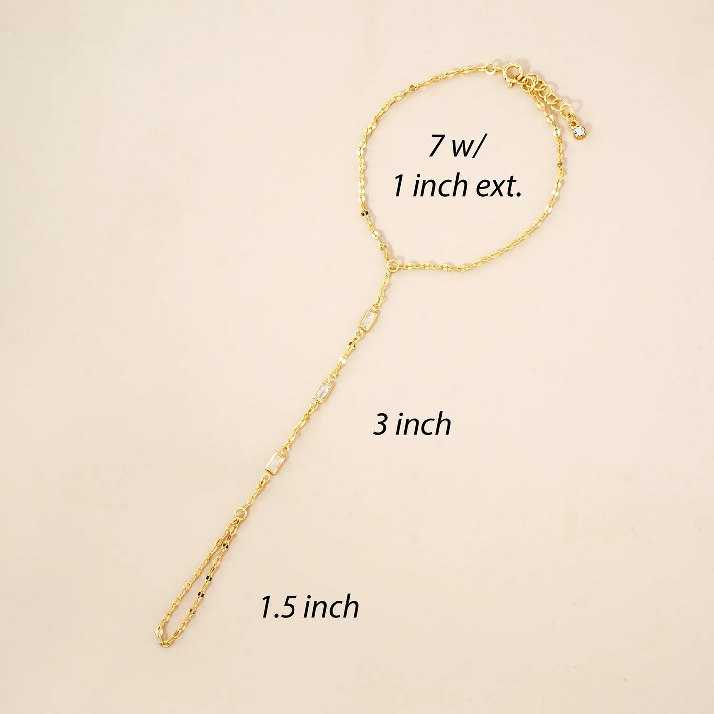 Three Rectangle CZ Accent 18K-Gold-Dipped Delicate Brass Hand-Chain Bracelet