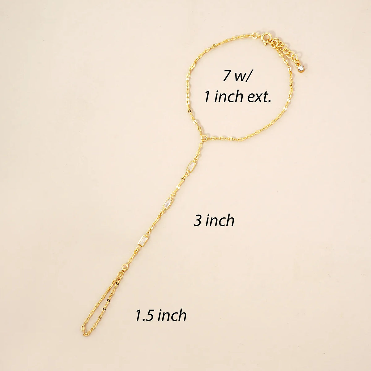 Three Rectangle CZ Accent 18K-Gold-Dipped Delicate Brass Hand-Chain Bracelet