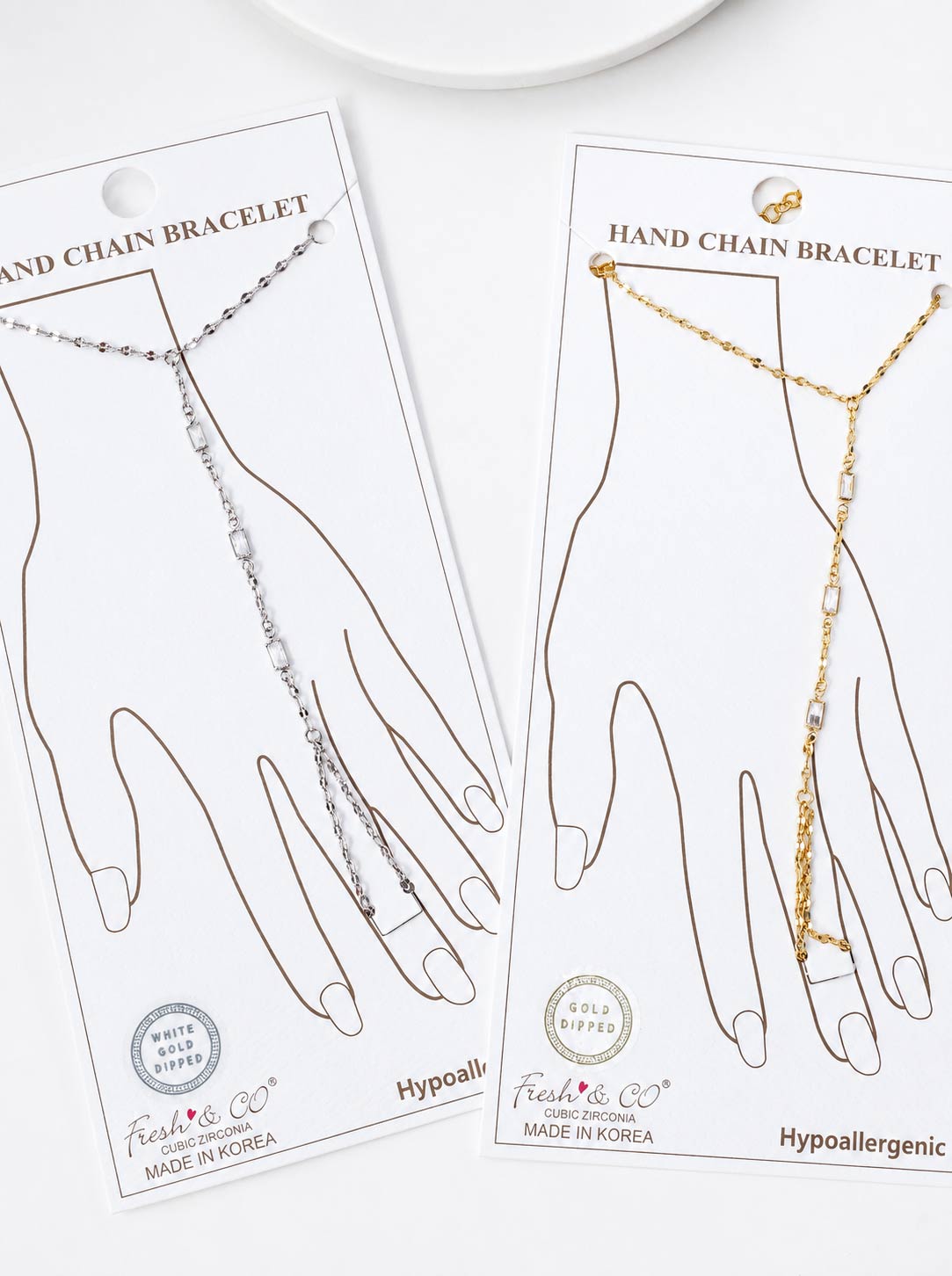 Three Rectangle CZ Accent 18K-Gold-Dipped Delicate Brass Hand-Chain Bracelet
