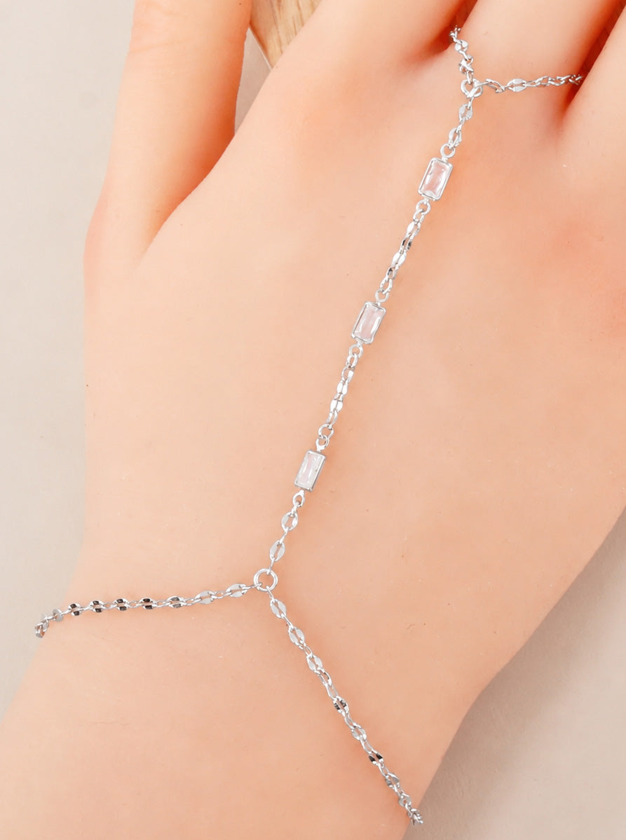 Three Rectangle CZ Accent 18K-Gold-Dipped Delicate Brass Hand-Chain Bracelet