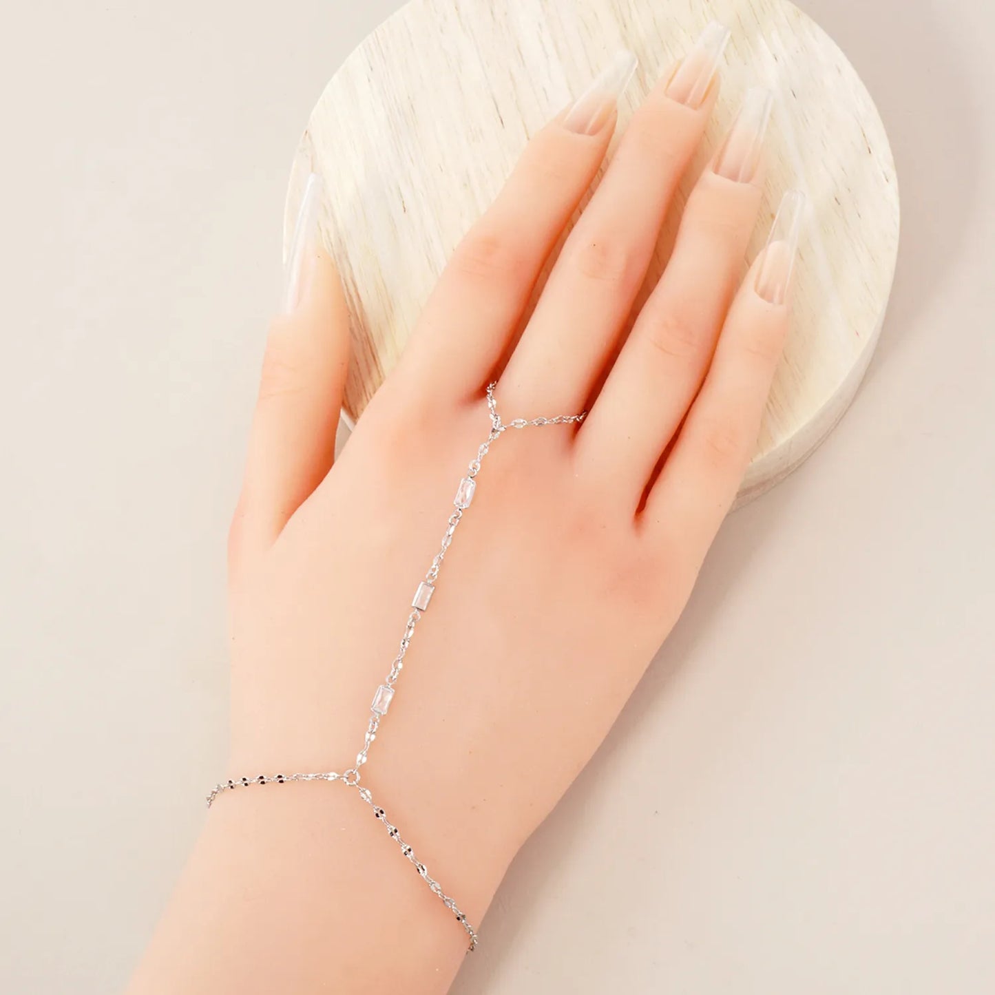 Three Rectangle CZ Accent 18K-Gold-Dipped Delicate Brass Hand-Chain Bracelet