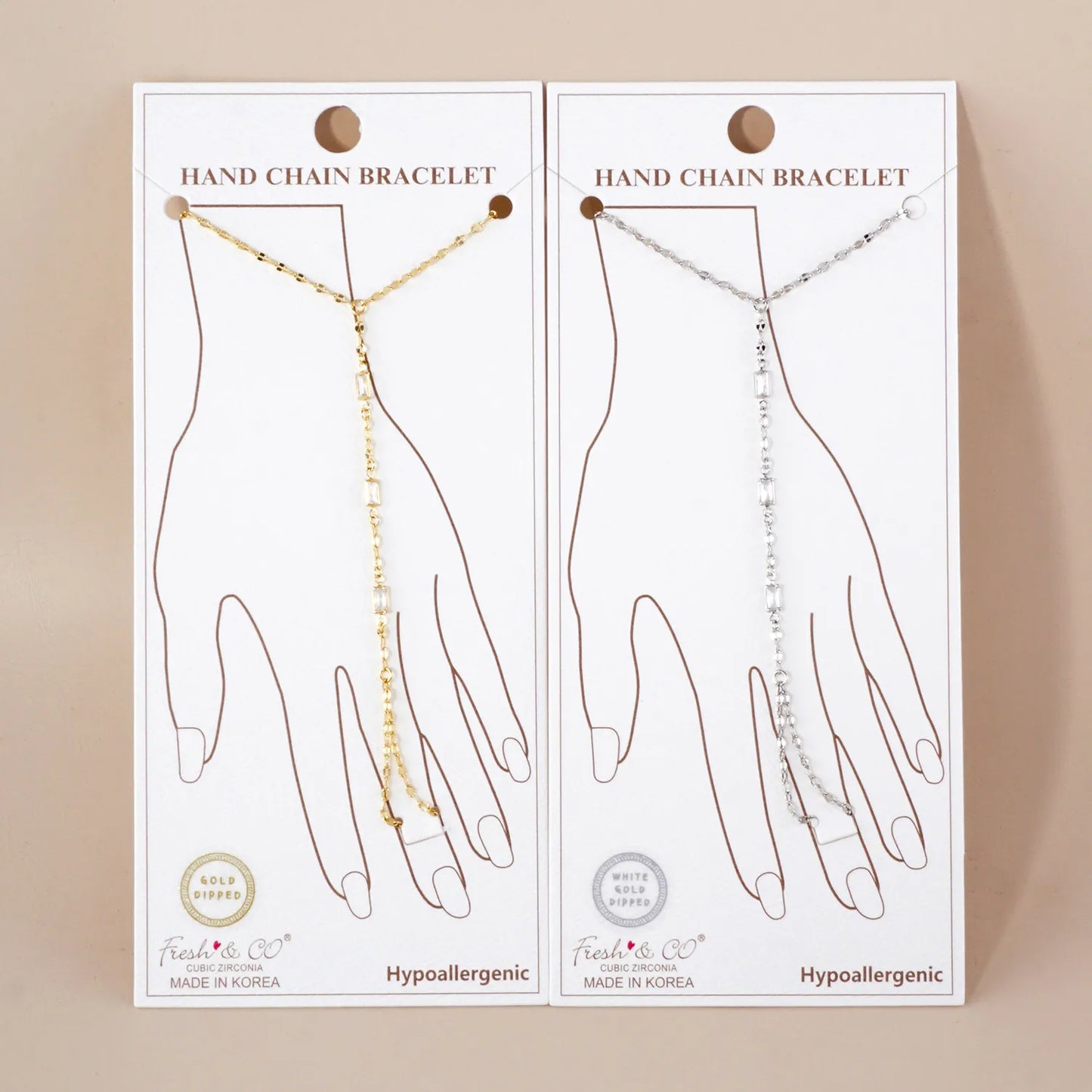 Three Rectangle CZ Accent 18K-Gold-Dipped Delicate Brass Hand-Chain Bracelet