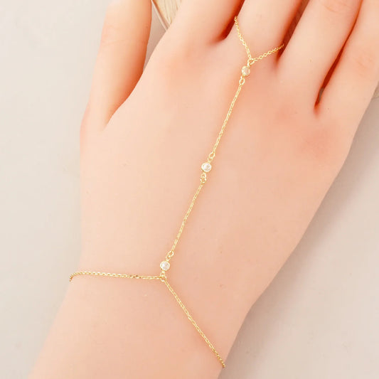 Three Round CZ Accent 18K-Gold-Dipped Delicate Brass Hand-Chain Bracelet