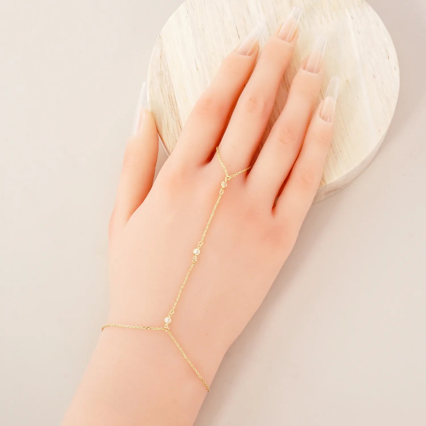 Three Round CZ Accent 18K-Gold-Dipped Delicate Brass Hand-Chain Bracelet