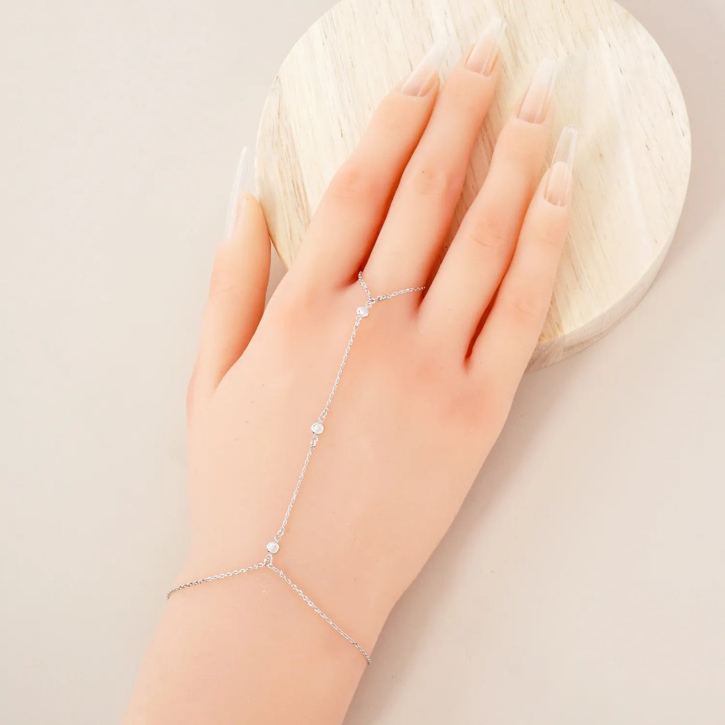 Three Round CZ Accent 18K-Gold-Dipped Delicate Brass Hand-Chain Bracelet