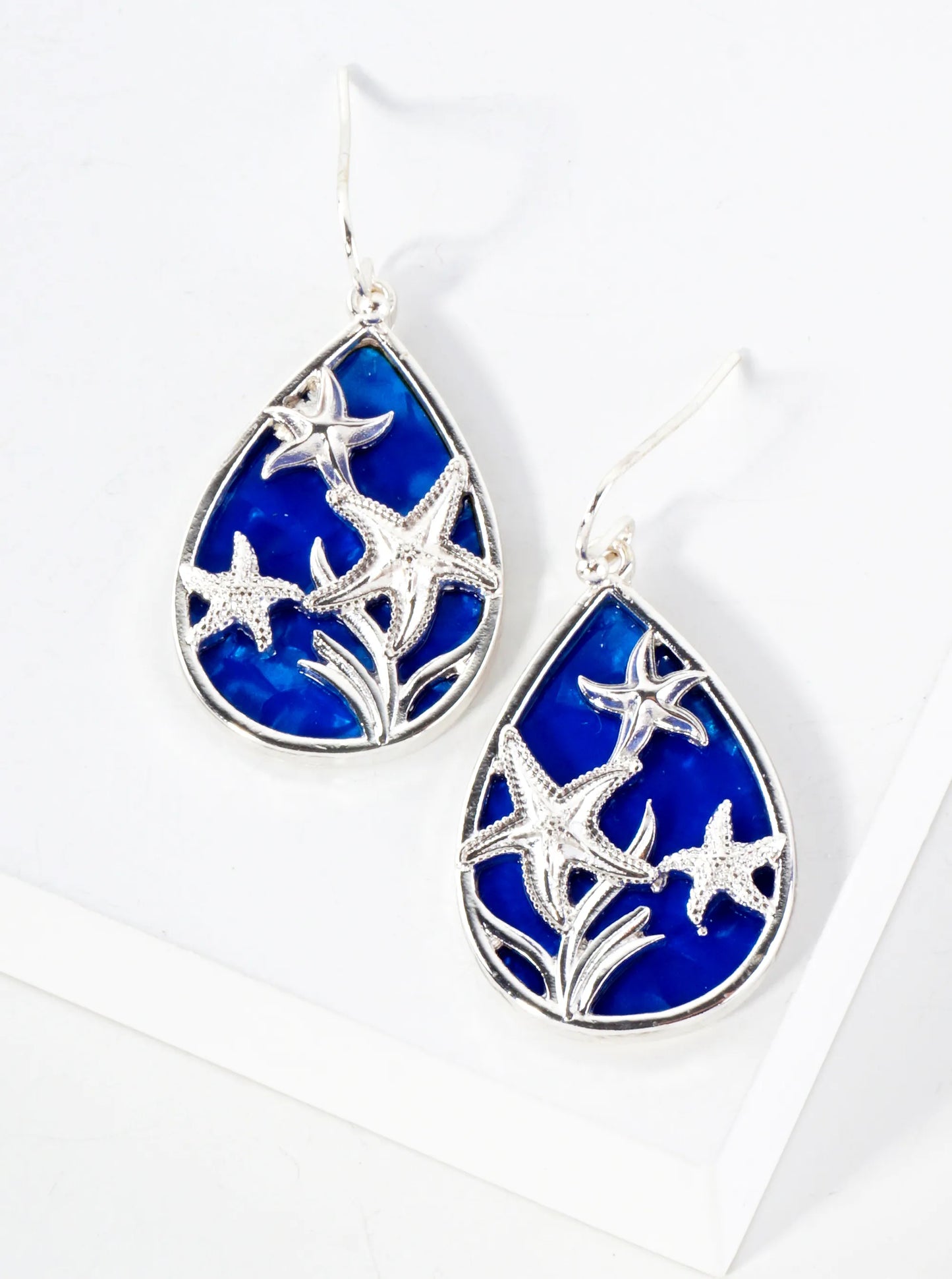 Three Starfish Inside Teardrop Ocean Inspired Sea-Life Dangle Earrings