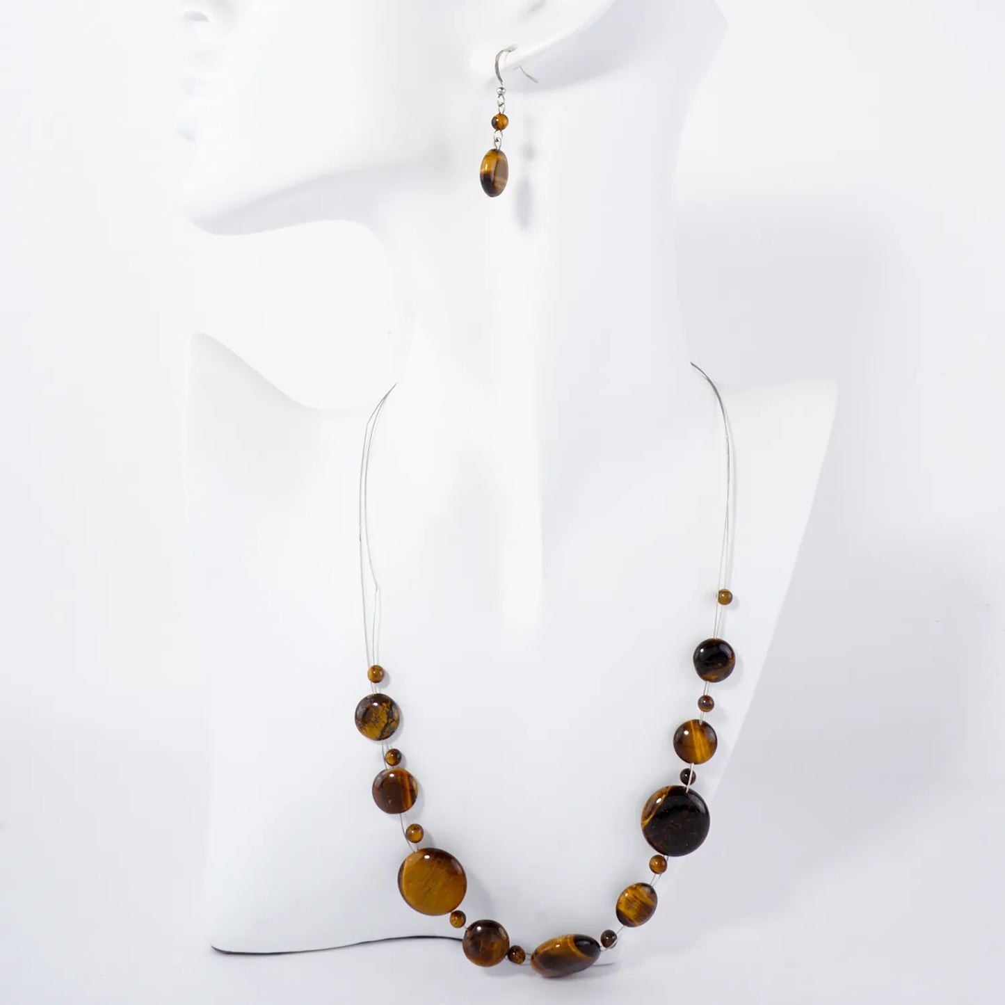 Tigers-Eye Semi-Precious Natural-Stone 16-Inch Necklace Set-with-Earrings