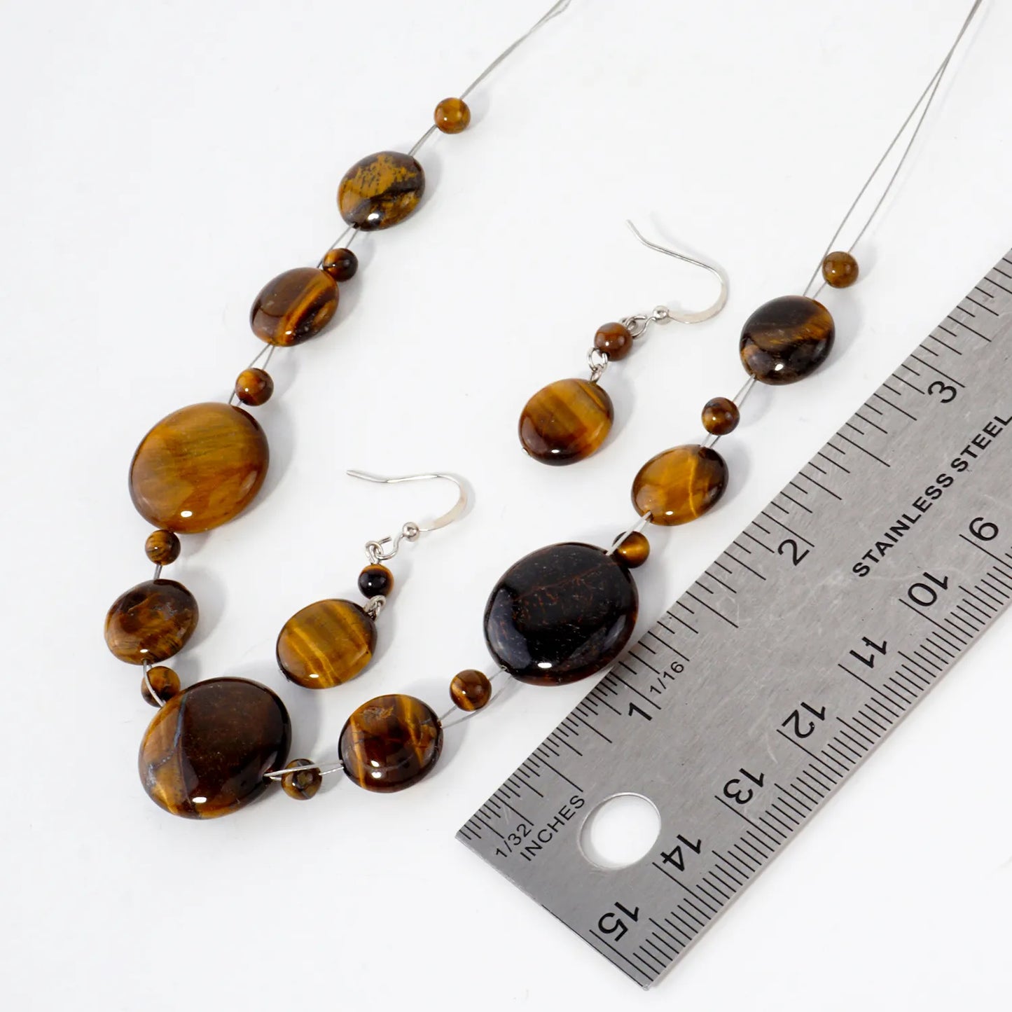 Tigers-Eye Semi-Precious Natural-Stone 16-Inch Necklace Set-with-Earrings