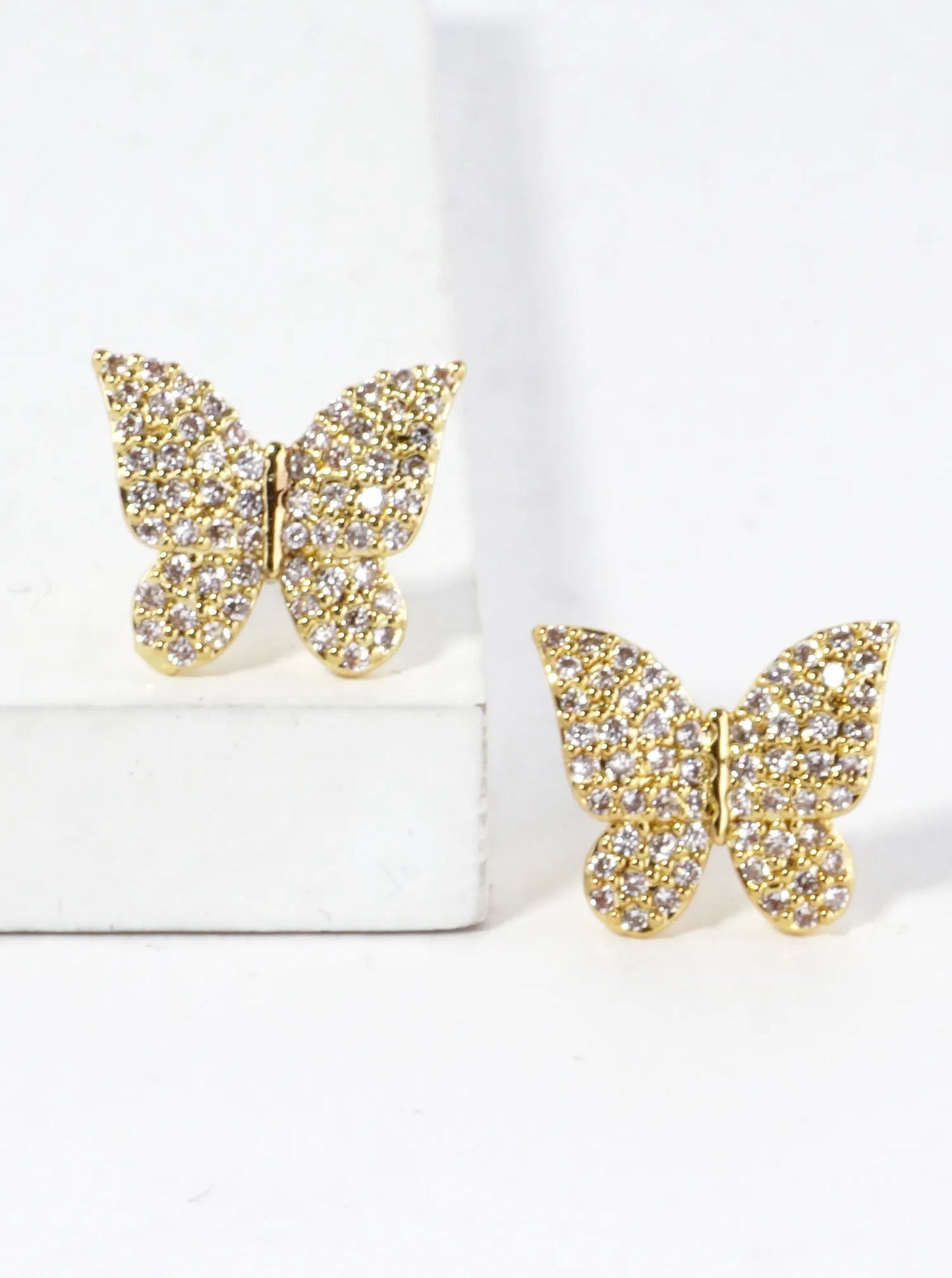 Tiny 3D CZ Pave Brass Butterfly Stud Earrings