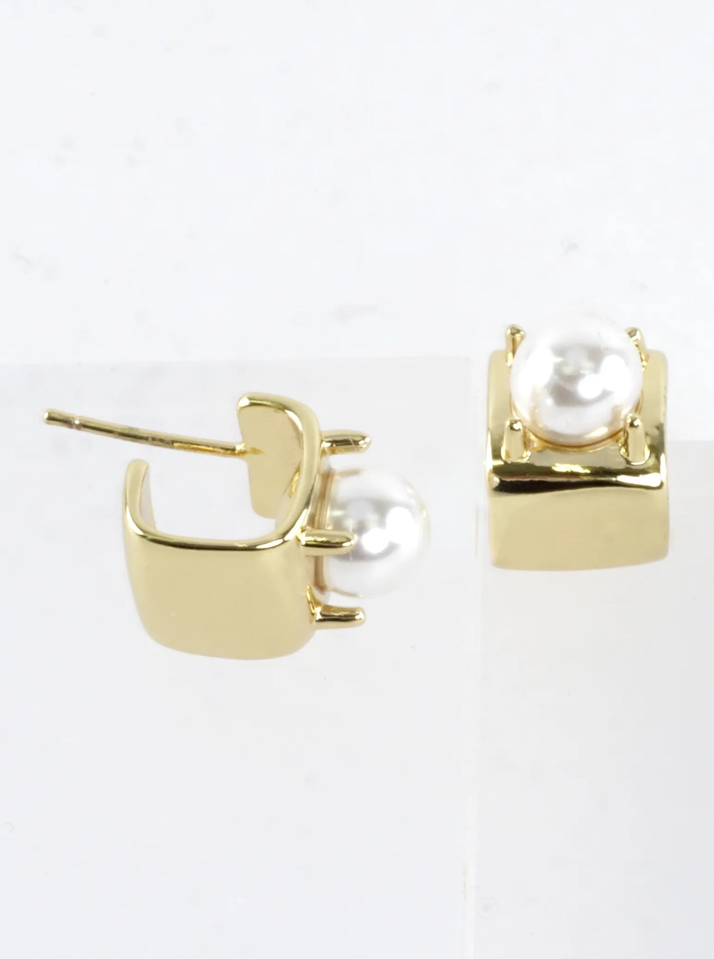 Tiny Block Brass Hoop Pearl Prong Earrings