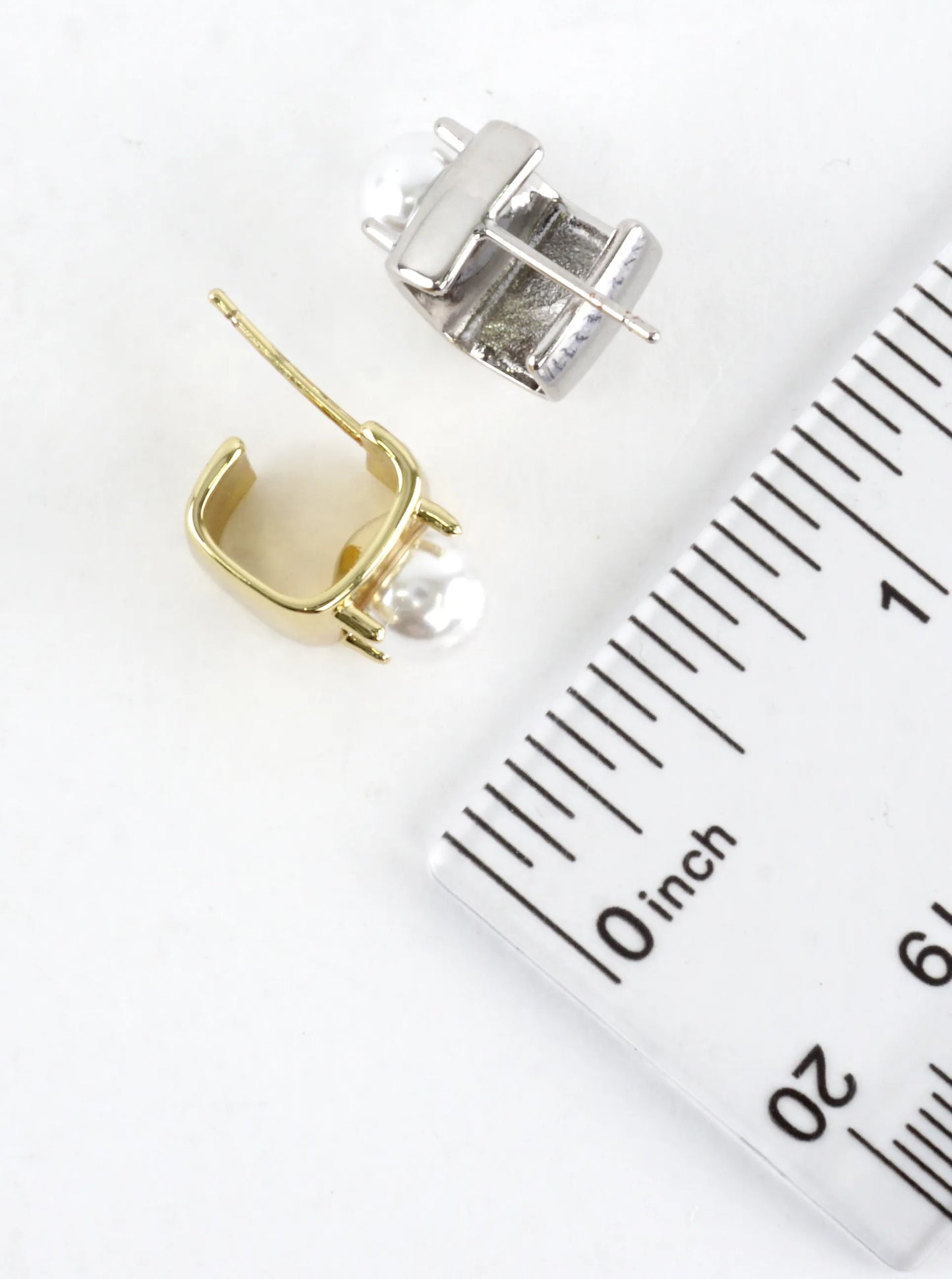 Tiny Block Brass Hoop Pearl Prong Earrings