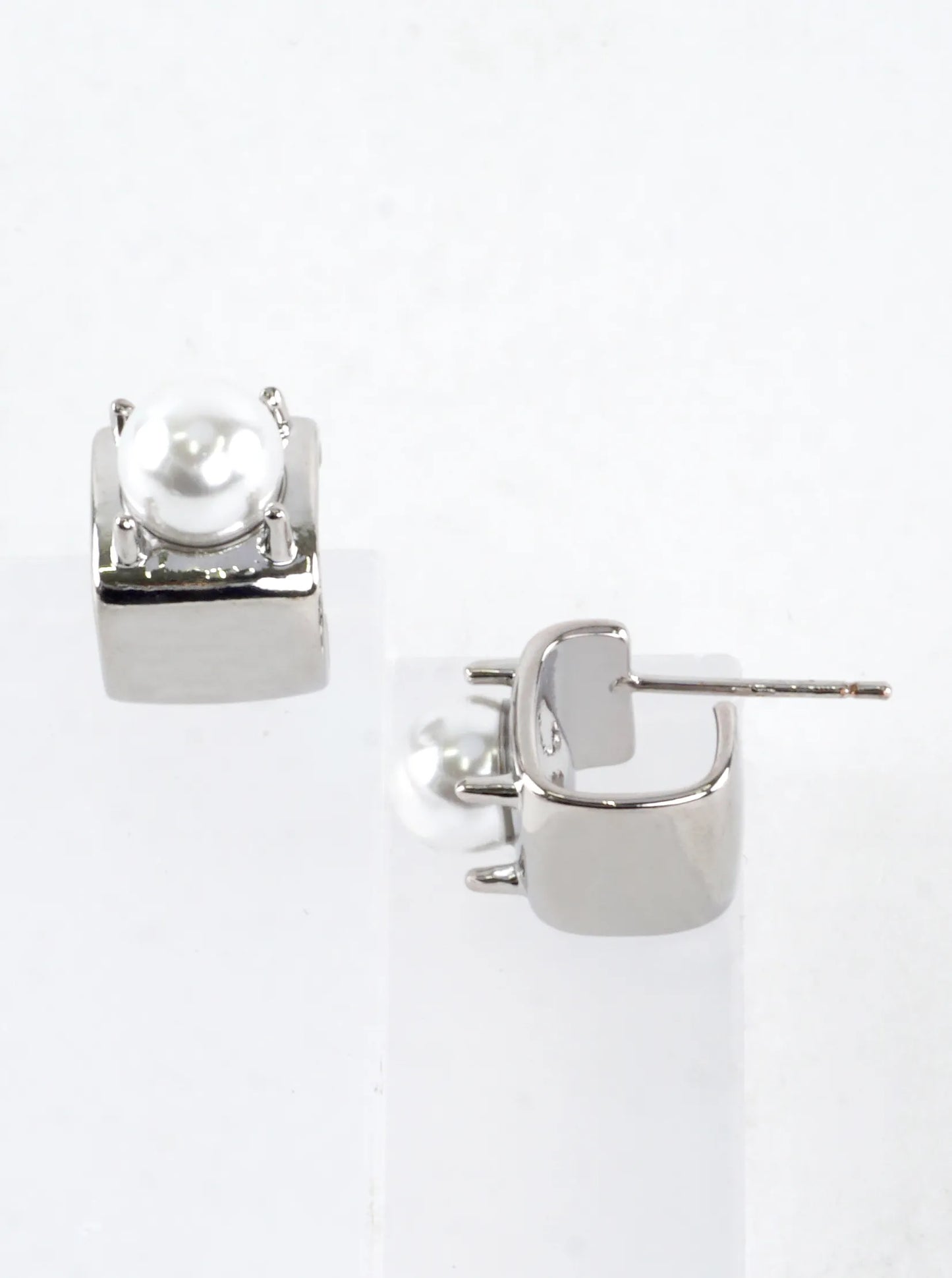 Tiny Block Brass Hoop Pearl Prong Earrings