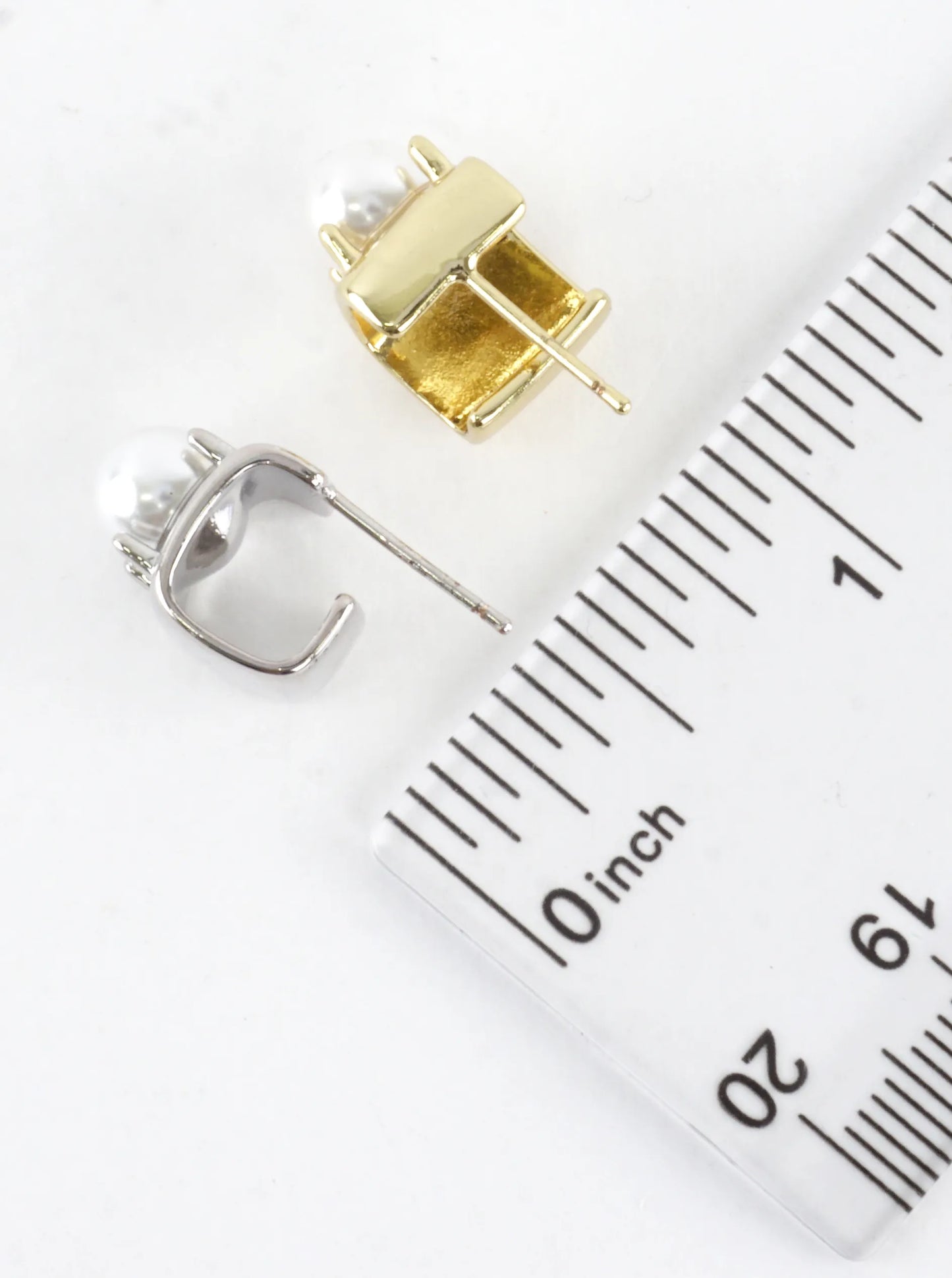 Tiny Block Brass Hoop Pearl Prong Earrings