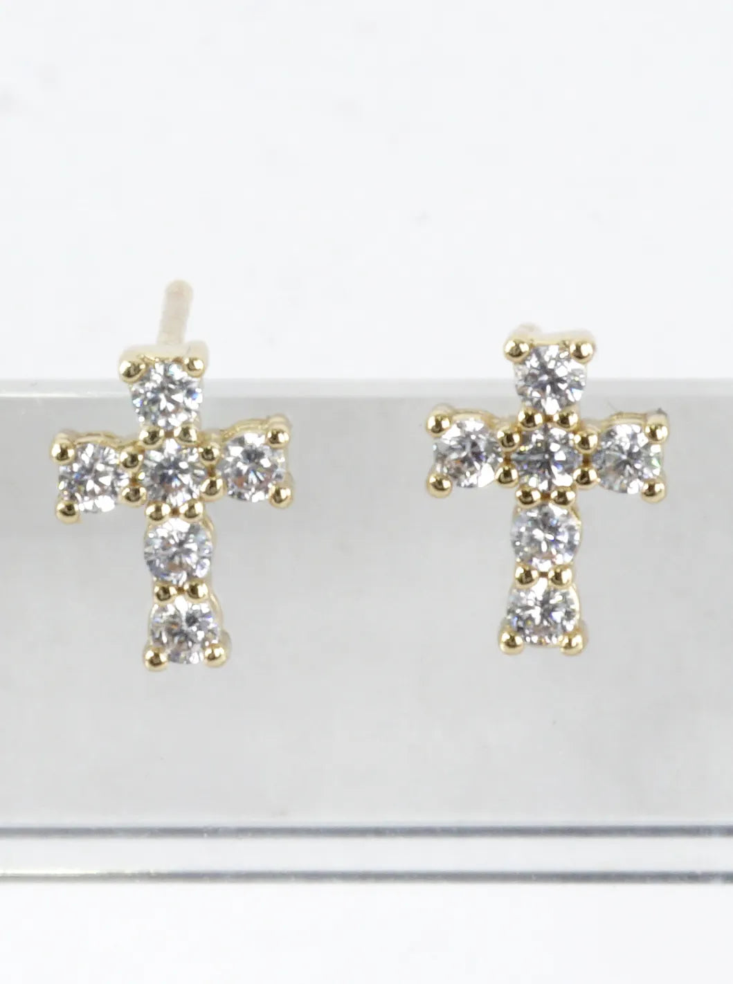 Tiny Brass Cubic Zirconia Cross Stud Earrings