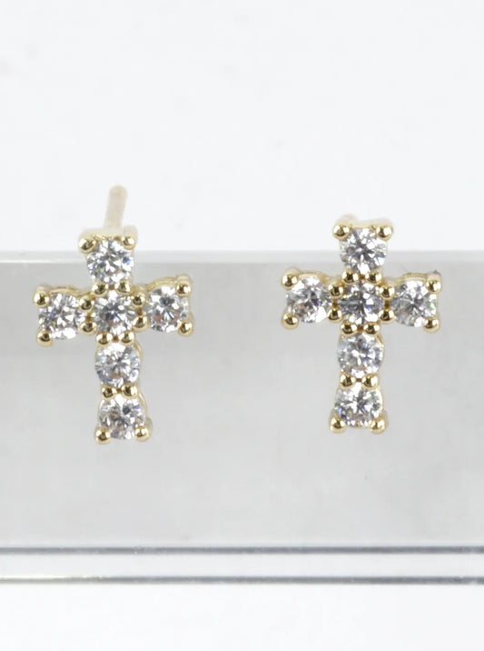 Tiny Brass Cubic Zirconia Cross Stud Earrings