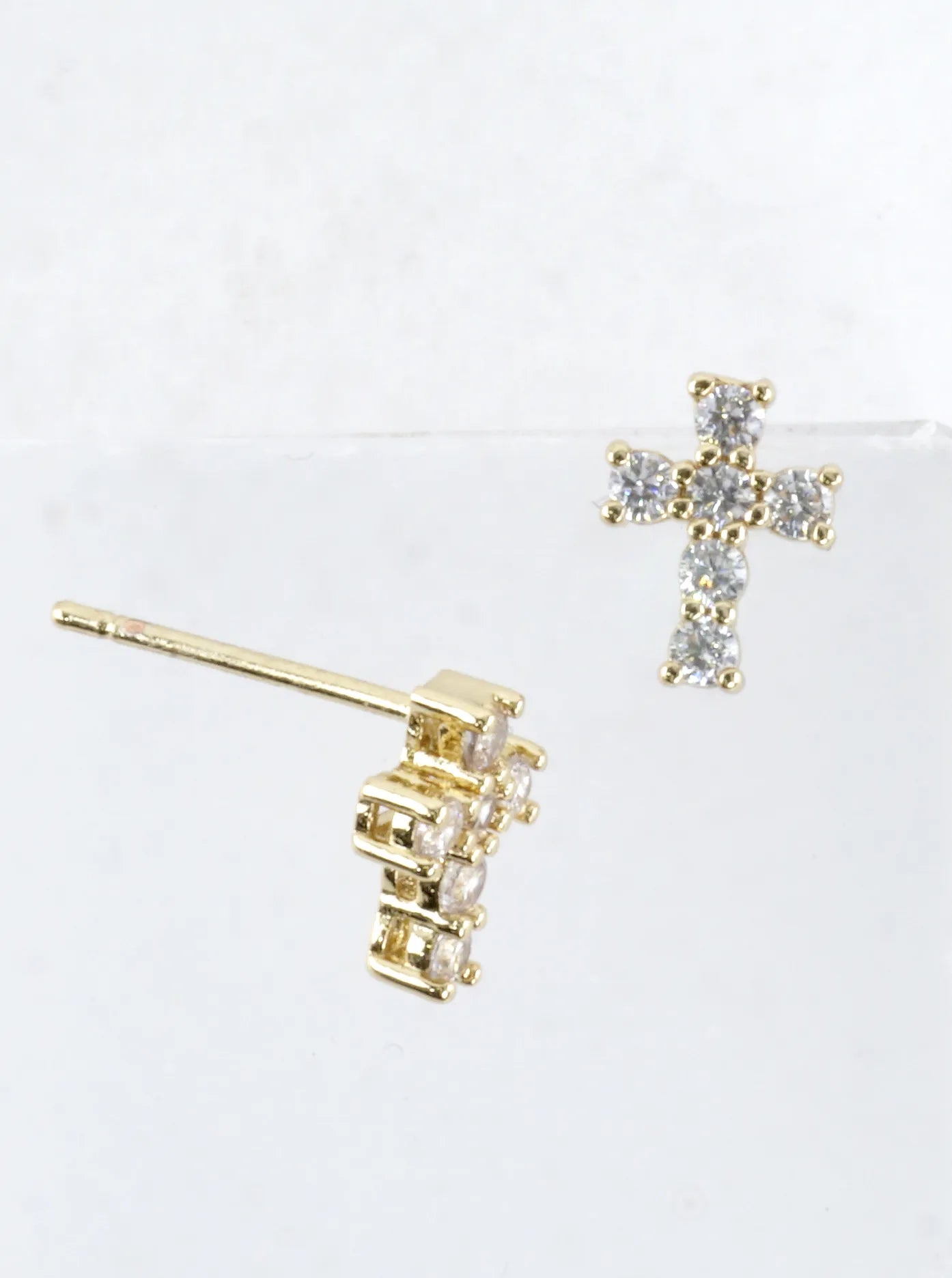 Tiny Brass Cubic Zirconia Cross Stud Earrings