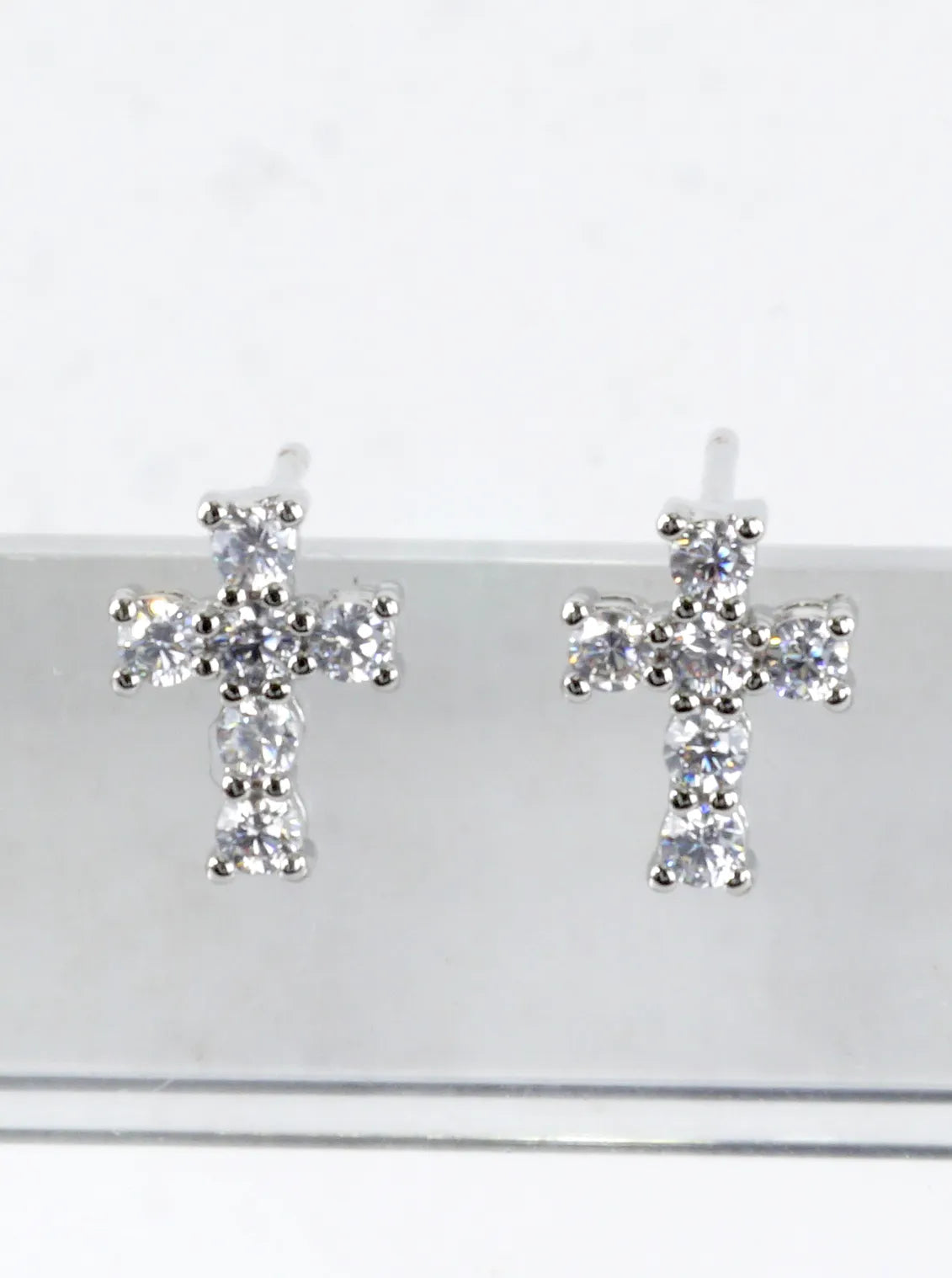 Tiny Brass Cubic Zirconia Cross Stud Earrings