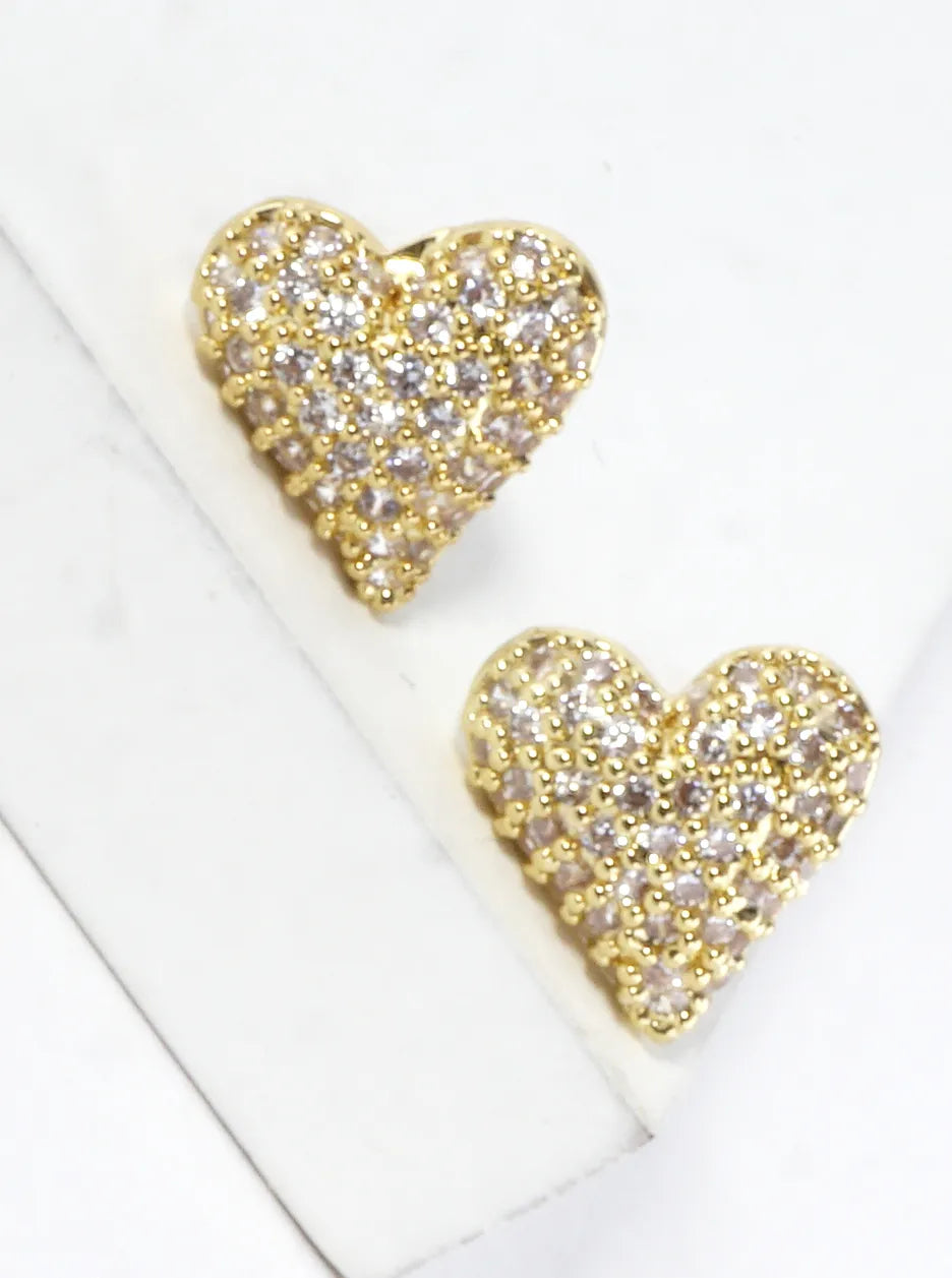Tiny Brass Puff Heart CZ Pave Stud Earrings