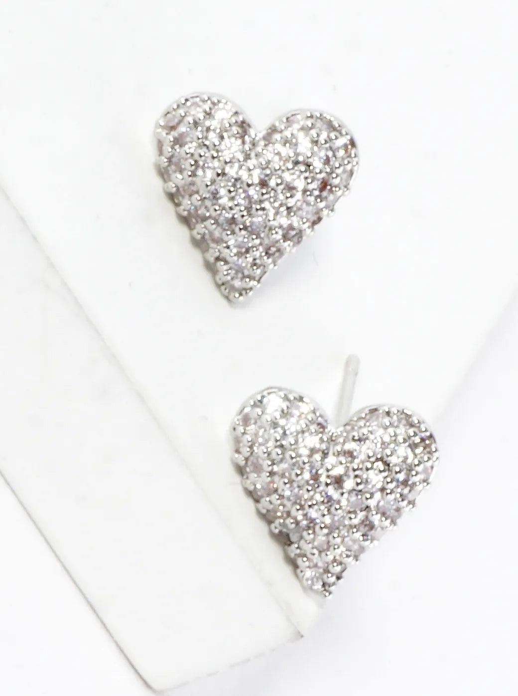 Tiny Brass Puff Heart CZ Pave Stud Earrings