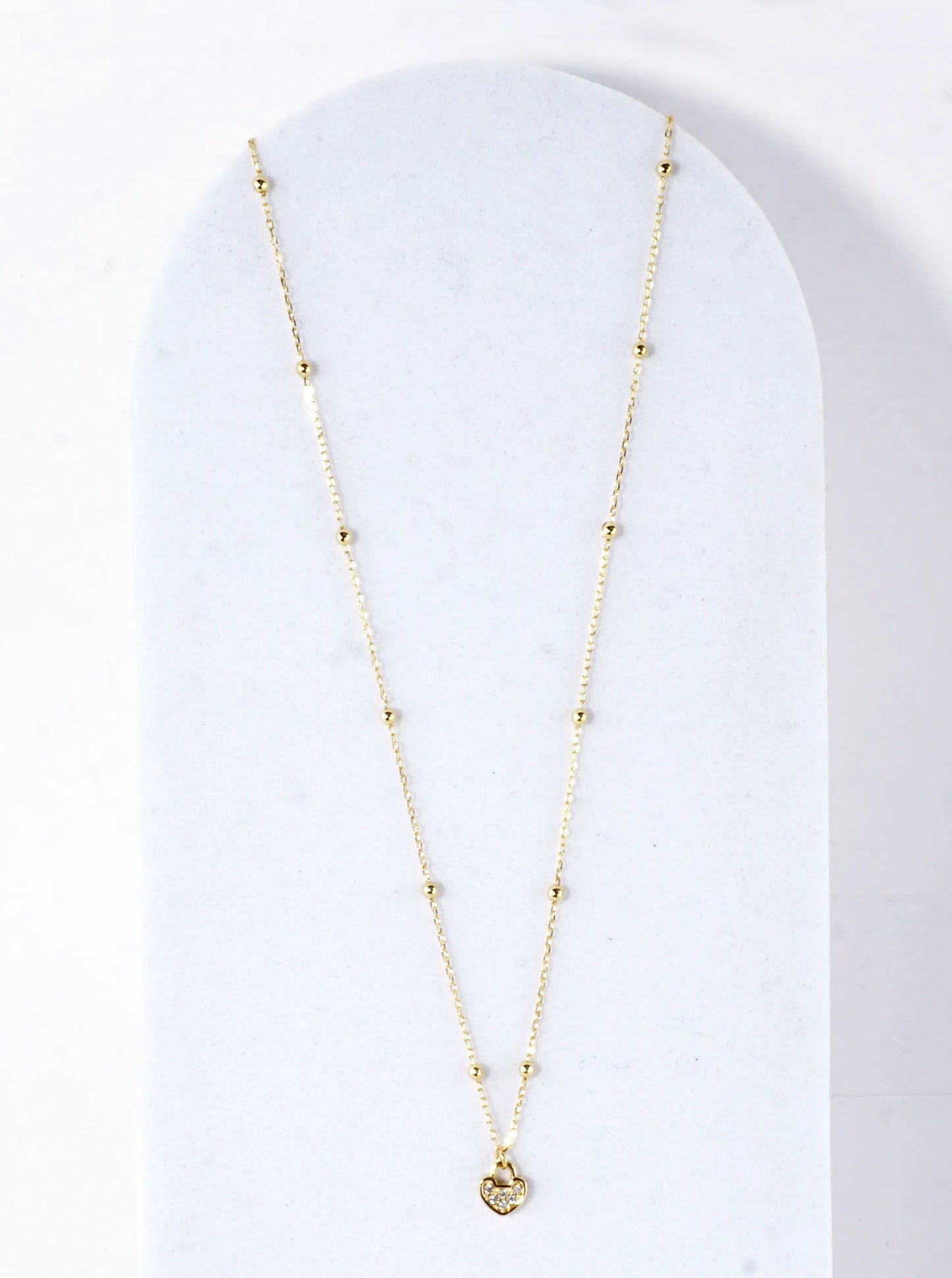 Tiny Cubic Zirconia Heart Lock Brass Necklace