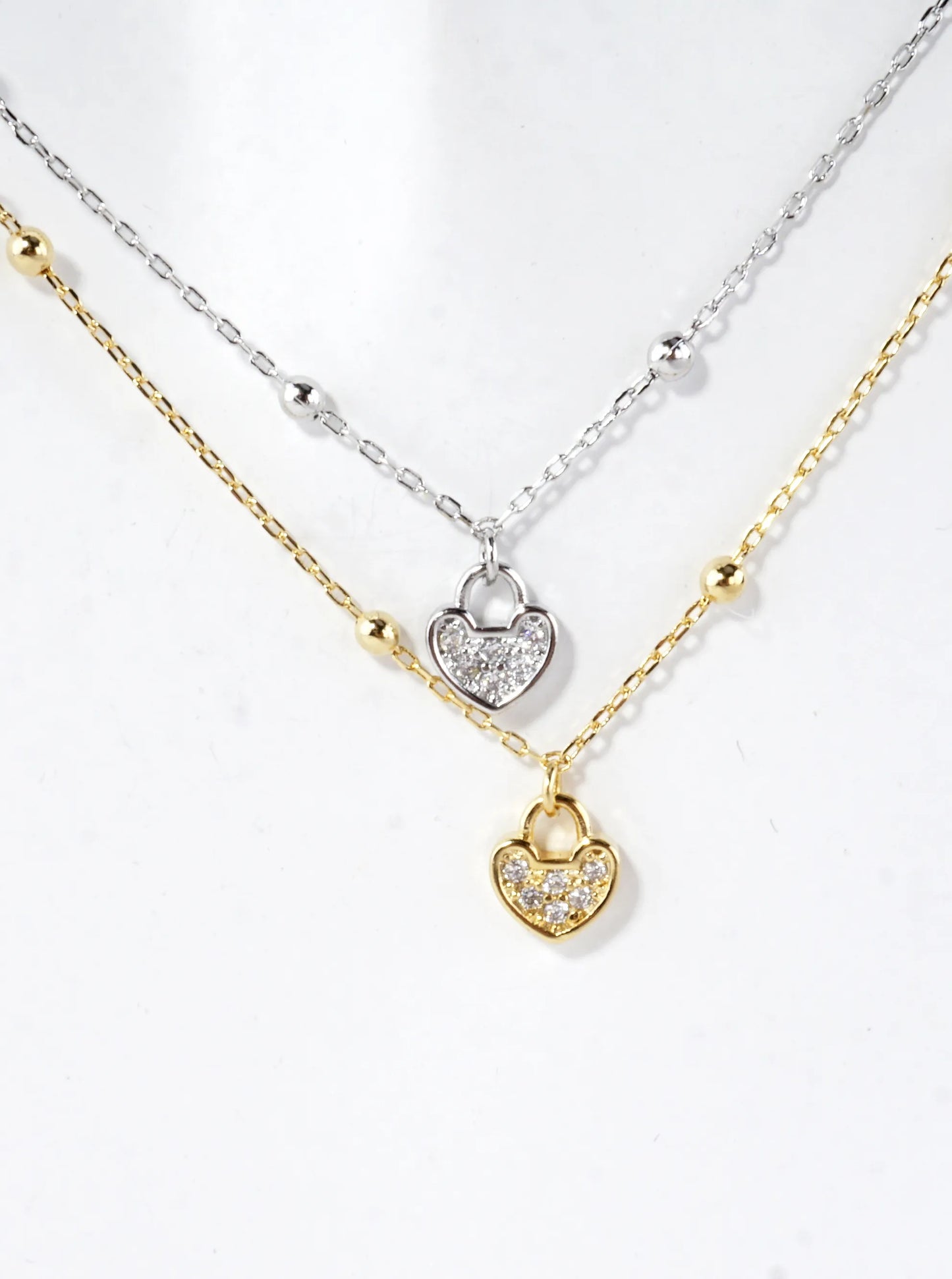 Tiny Cubic Zirconia Heart Lock Brass Necklace