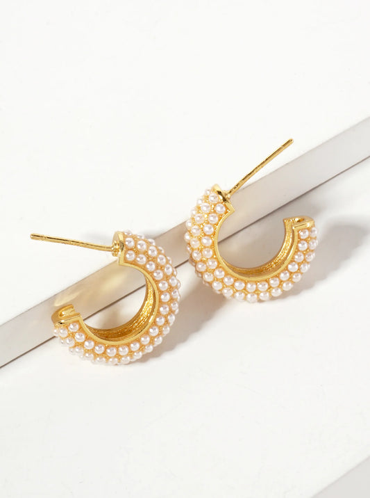 Tiny Pearl-Beaded 15mm 18K-Gold-Dipped Brass Open Hoop Earrings