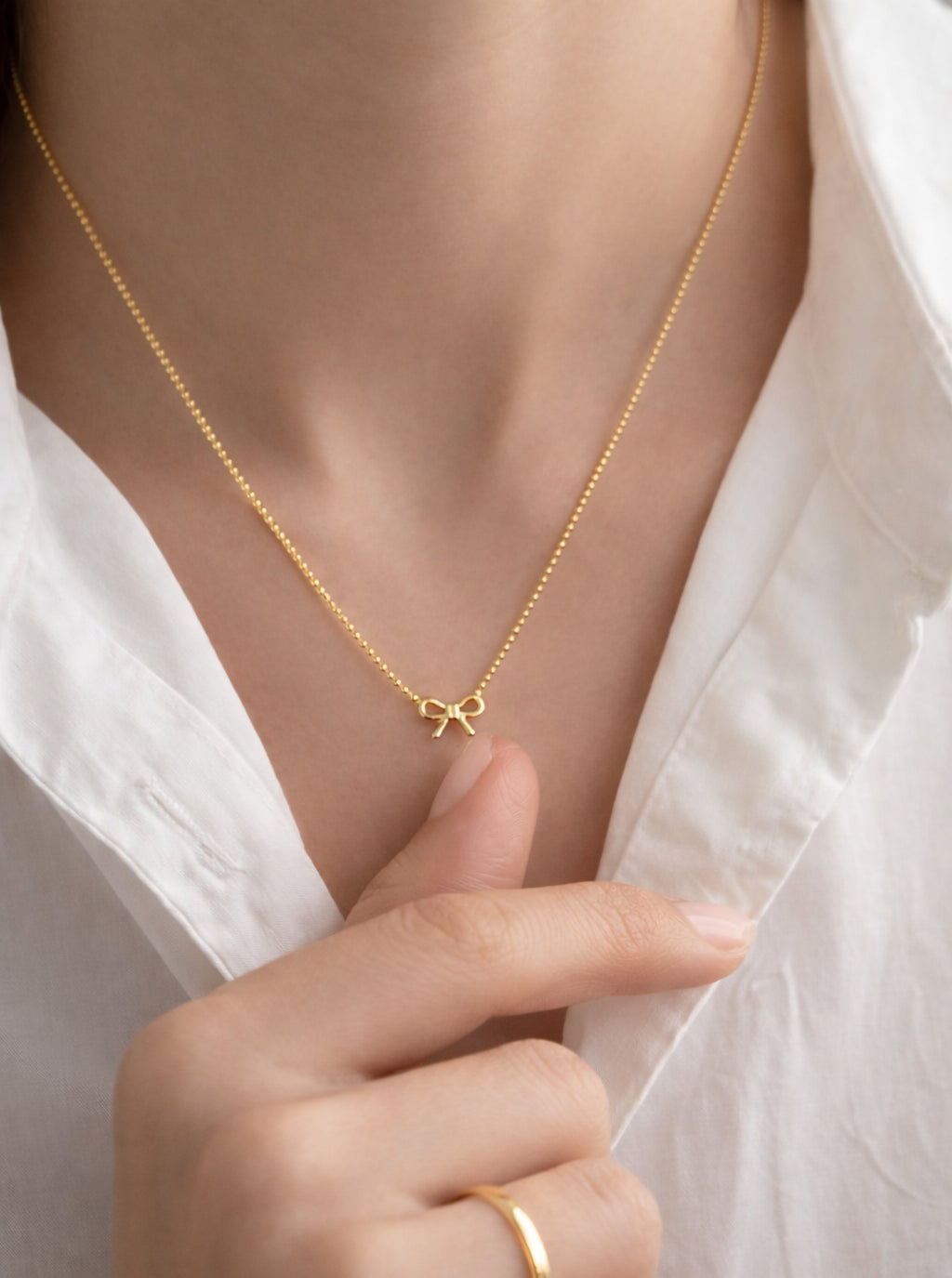 Tiny Ribbon Bow Brass Ball Chain Necklace