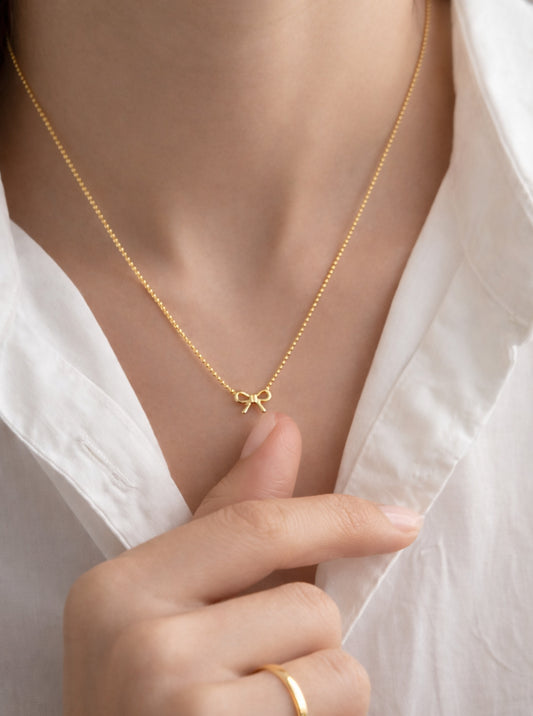 Tiny Ribbon Bow Brass Ball Chain Necklace