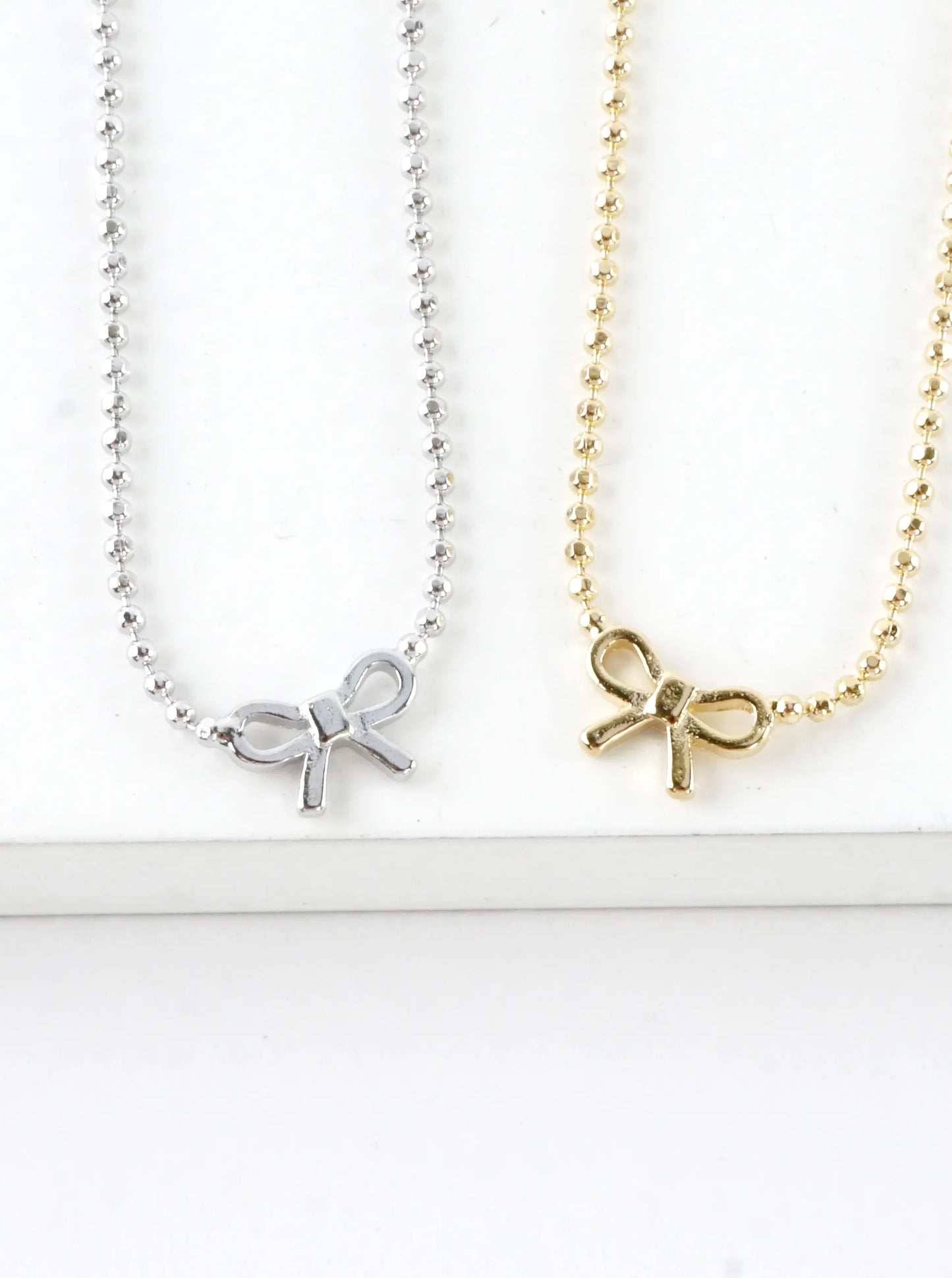 Tiny Ribbon Bow Brass Ball Chain Necklace