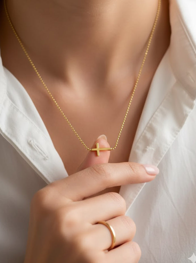 Tiny Sideways Cross Brass Ball Chain Necklace