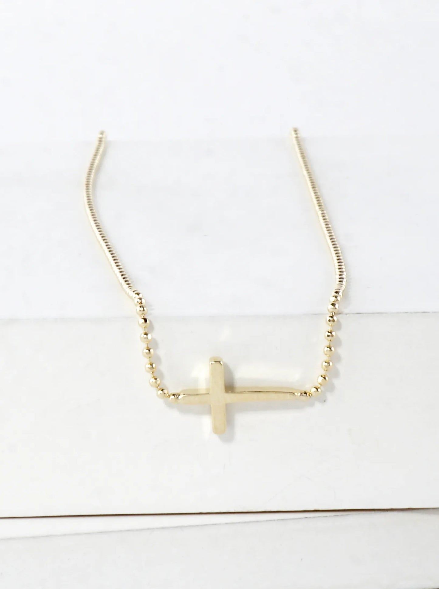 Tiny Sideways Cross Brass Ball Chain Necklace
