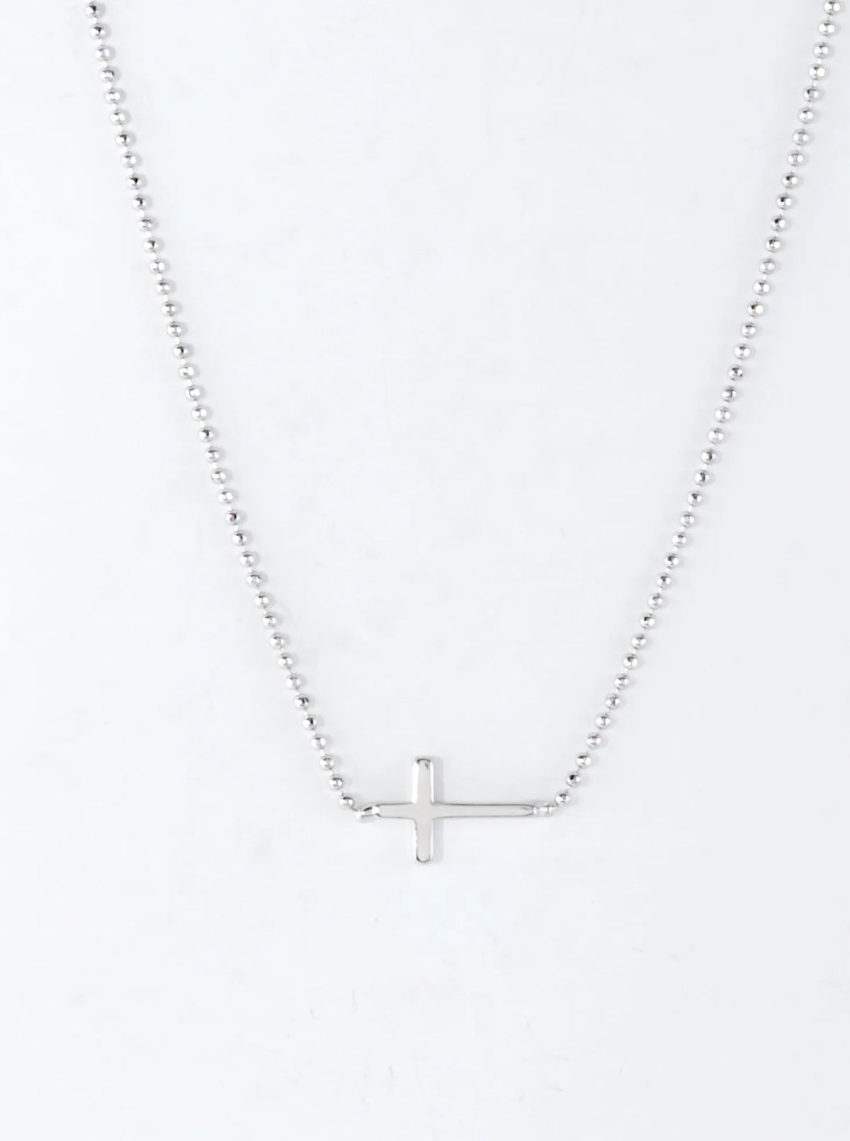 Tiny Sideways Cross Brass Ball Chain Necklace